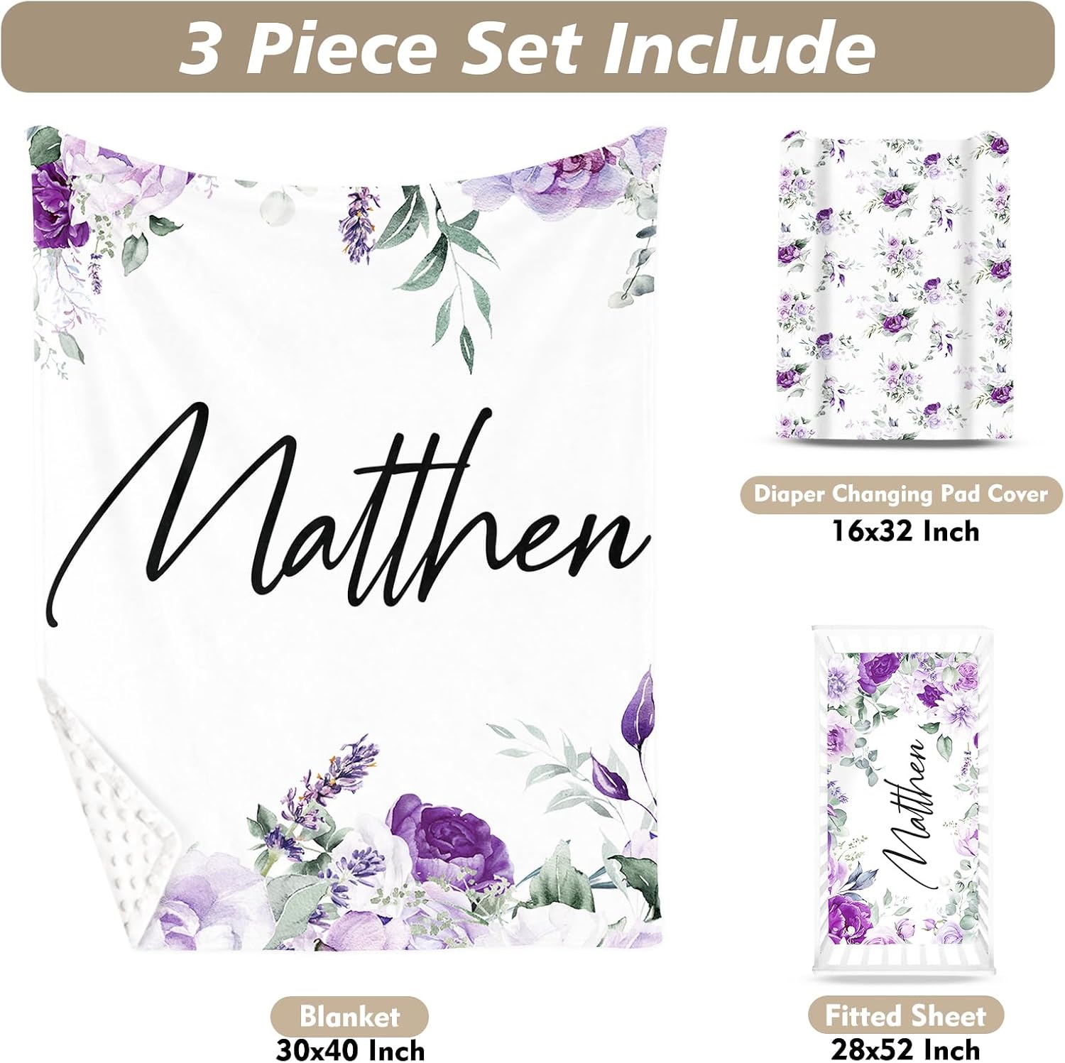 Custom Name Crib Bedding Set 3-Piece, Purple Flowers Pattern Personalized Baby Bedding Set with Soft Blanket, Fitted Sheet, Changing Pad Cover, Ideal for Baby Girls