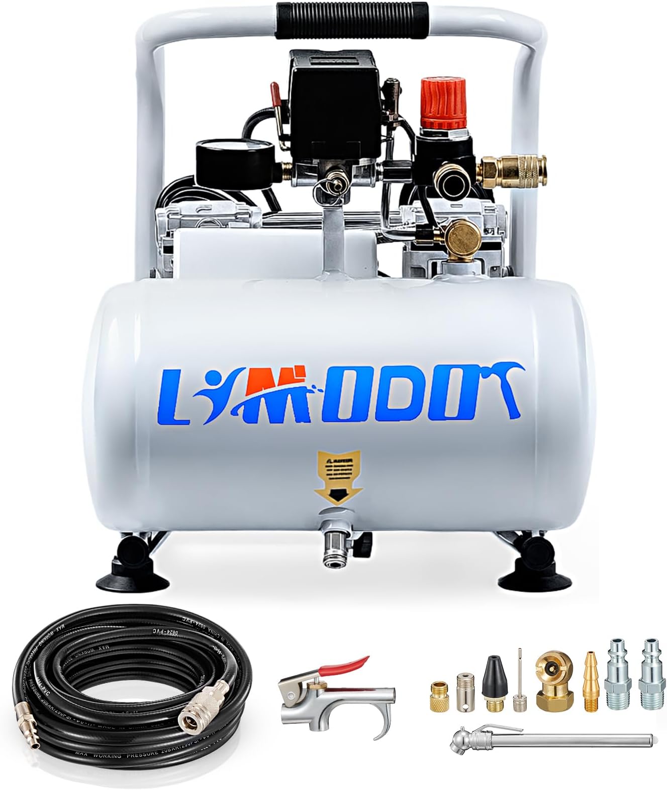 Limodot Ultra Quiet Air Compressor, Only 60dB, 1 Gallon Steel Tank, Oil-Free, Electric Air Compressor Perfect for Woodwork Nailing, Garage, Car, Pneumatic Tool, Includes 25 Ft. Air Hose Kit