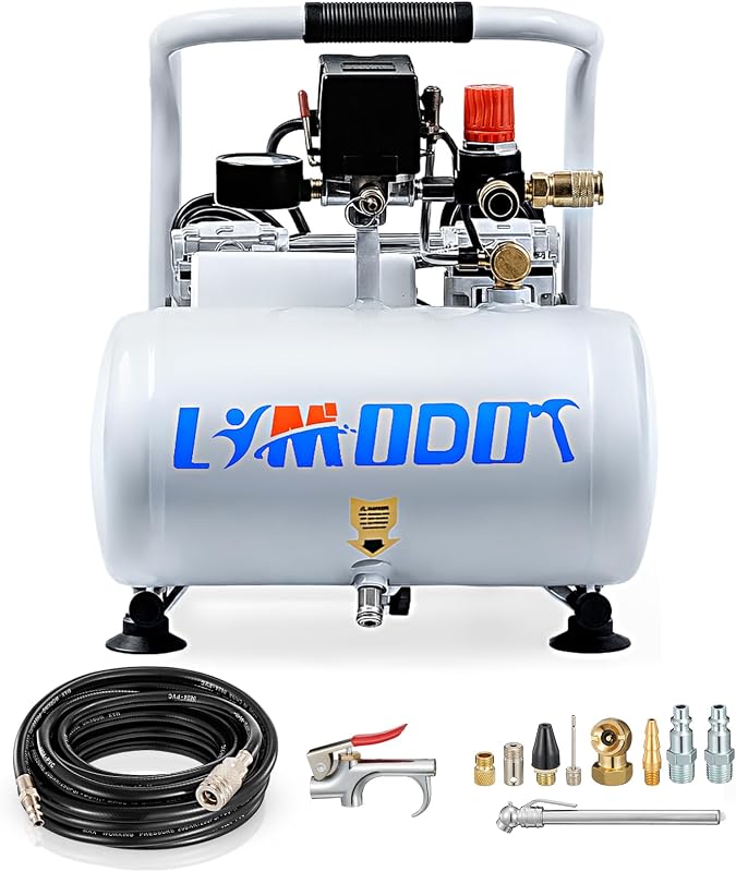 Quiet Oil-Free Electric Air Compressor, 68 dB, 1 Gallon Air Tank | Steel Tank Compressor for Woodworking, Nailing, Garage Use, Car Inflation and Pneumatic Tools, Includes Air Hose Kit