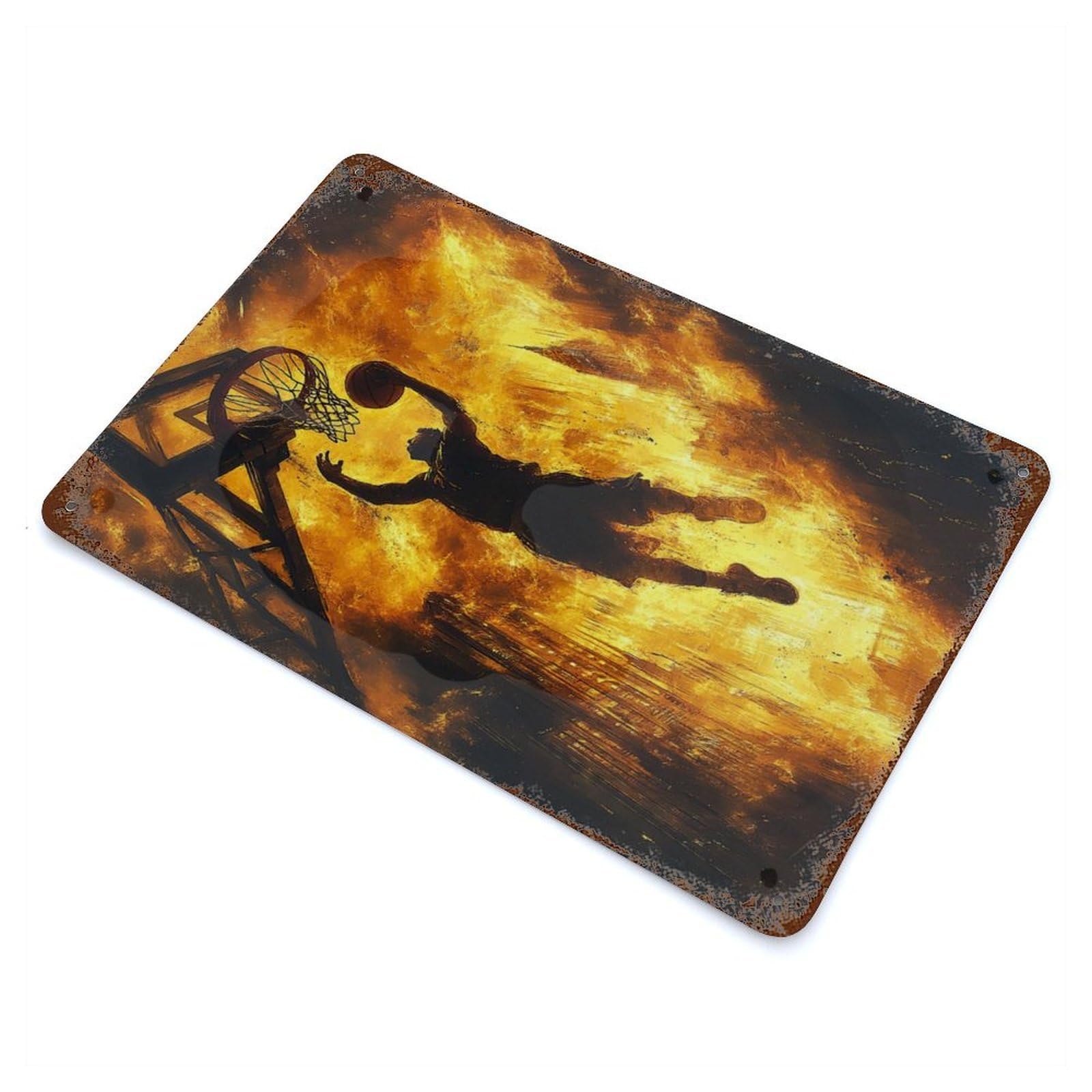 Rust Effect Tin Sign Basketball Silhouette in Flames 11.8"x7.9", Vintage Wall Decor for Basement, Hobby Room And Garage Decor