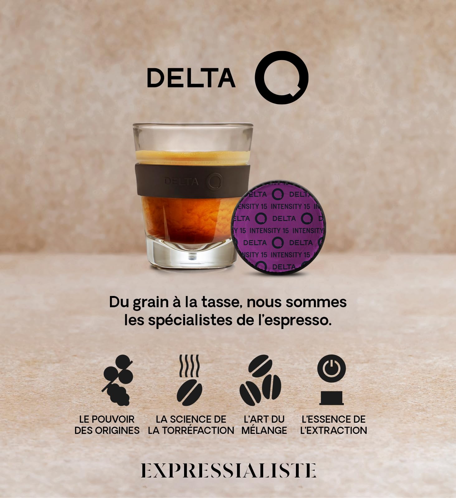 Delta Q 80 Capsules de Café MythiQ, Intensité 15 | Compatibles avec les Machines Delta Q, Espresso Intense aux Notes de Cacao, Chocolat et Noix Grillées, Fabriqué en Portugal