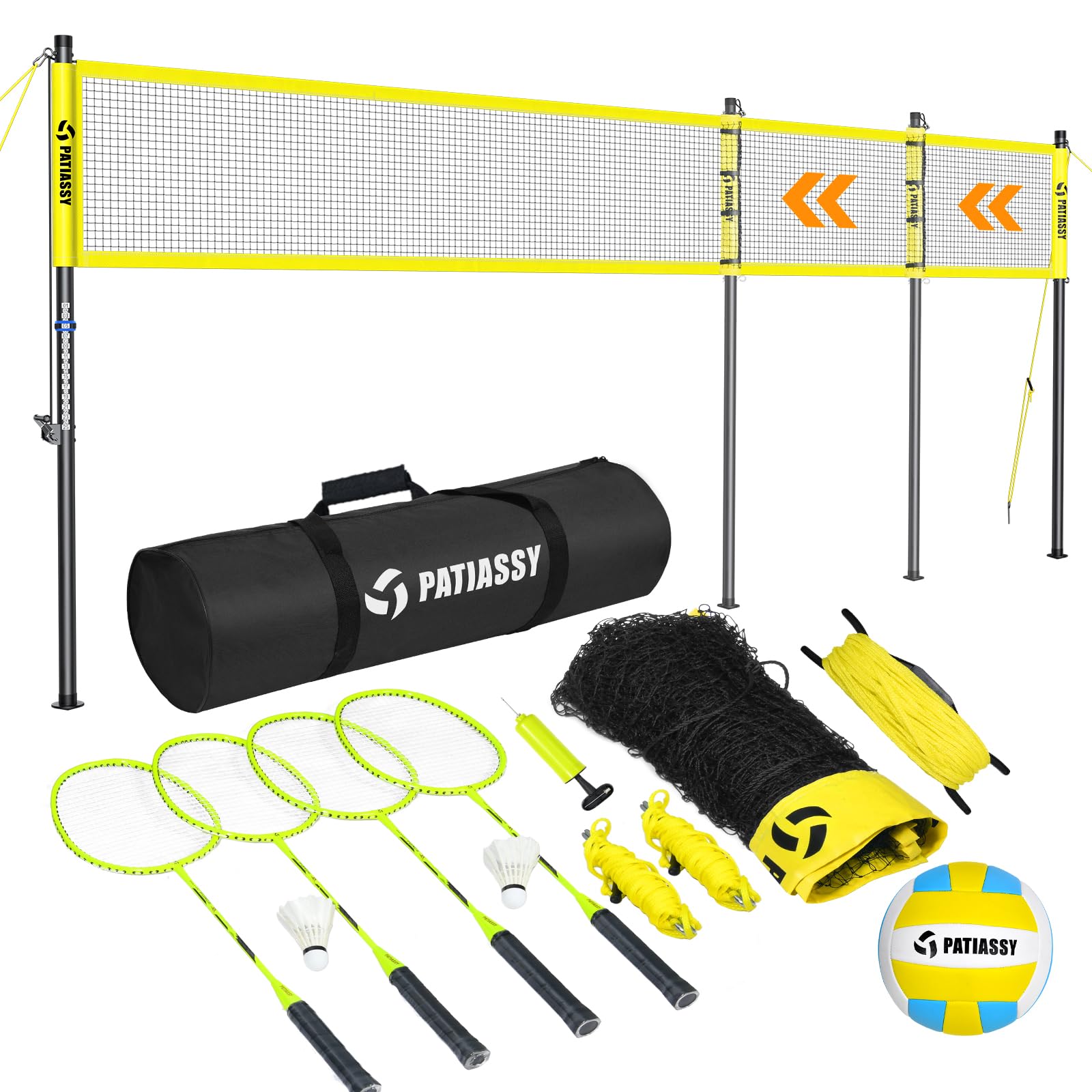 Patiassy Height and Width Adjustable Volleyball and Badminton Combo Set with Net