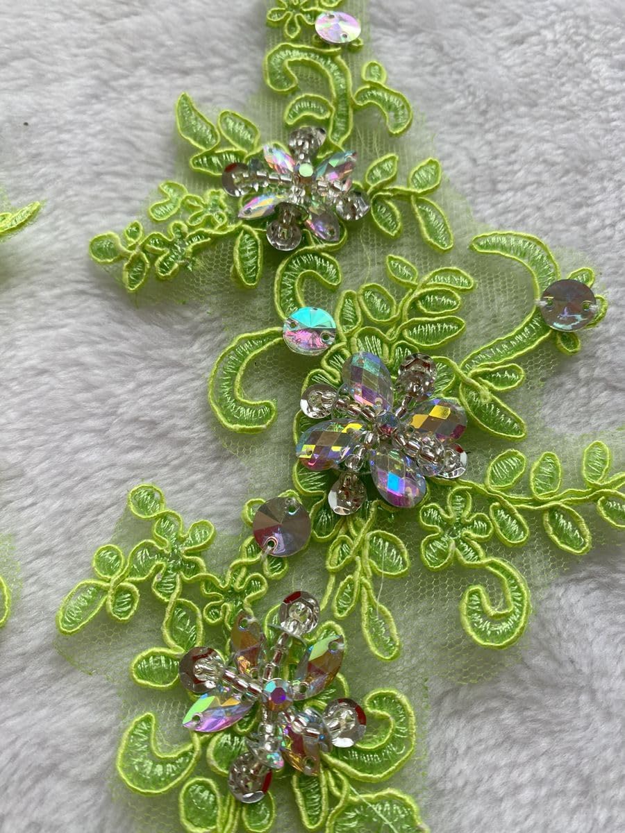 Handmade Rhinestones on Lace Applique Trim Sewing Beads Sequins Trim Patches for Wedding Dress Accessories 1Pair/Bag (Light Green)