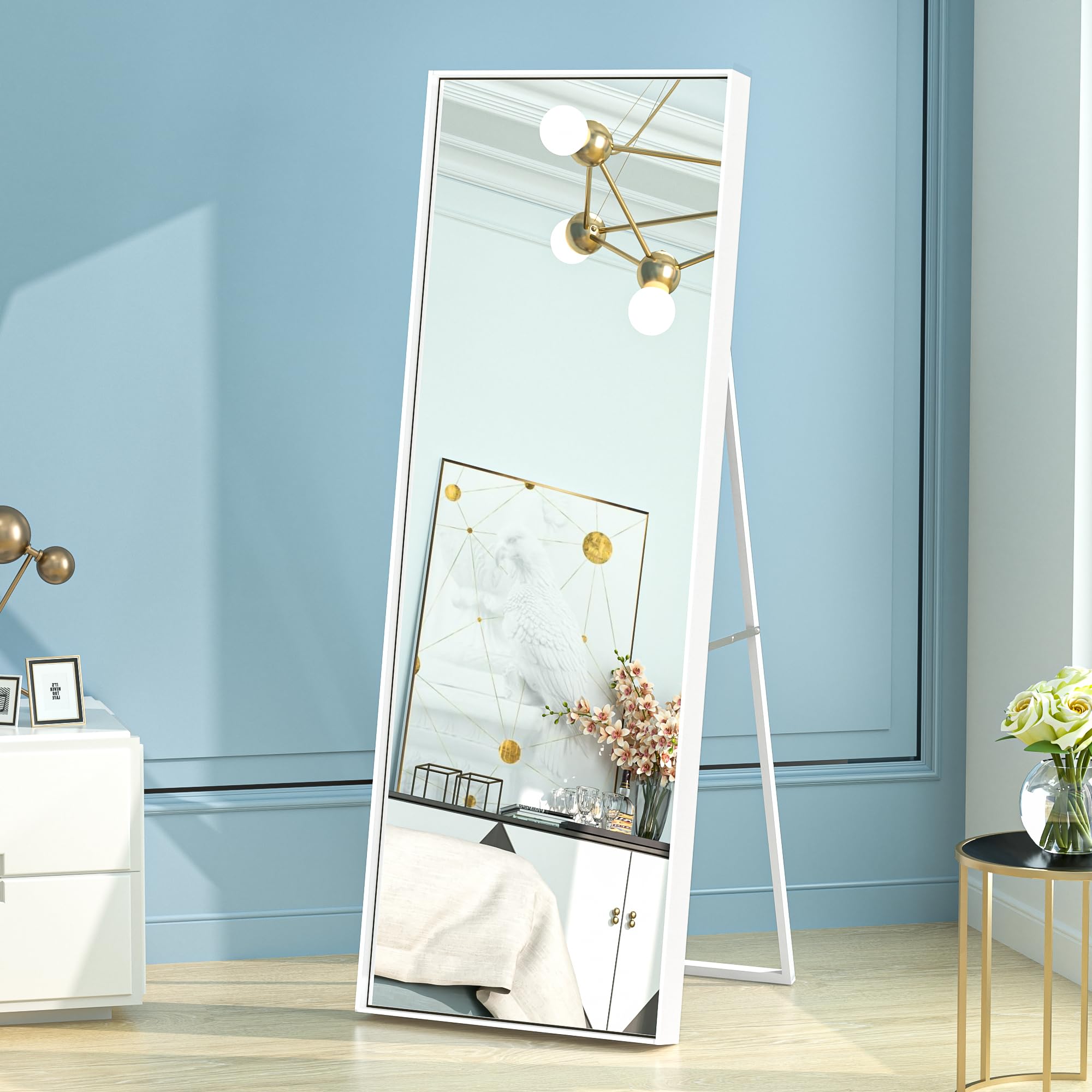 TokeShimi 63x20 Inch Full Length Mirror with Floor Standing Full Body Size Wall Mirror Aluminum Alloy Metal Frame for Living Room Bedroom Cloakroom and Restroom White