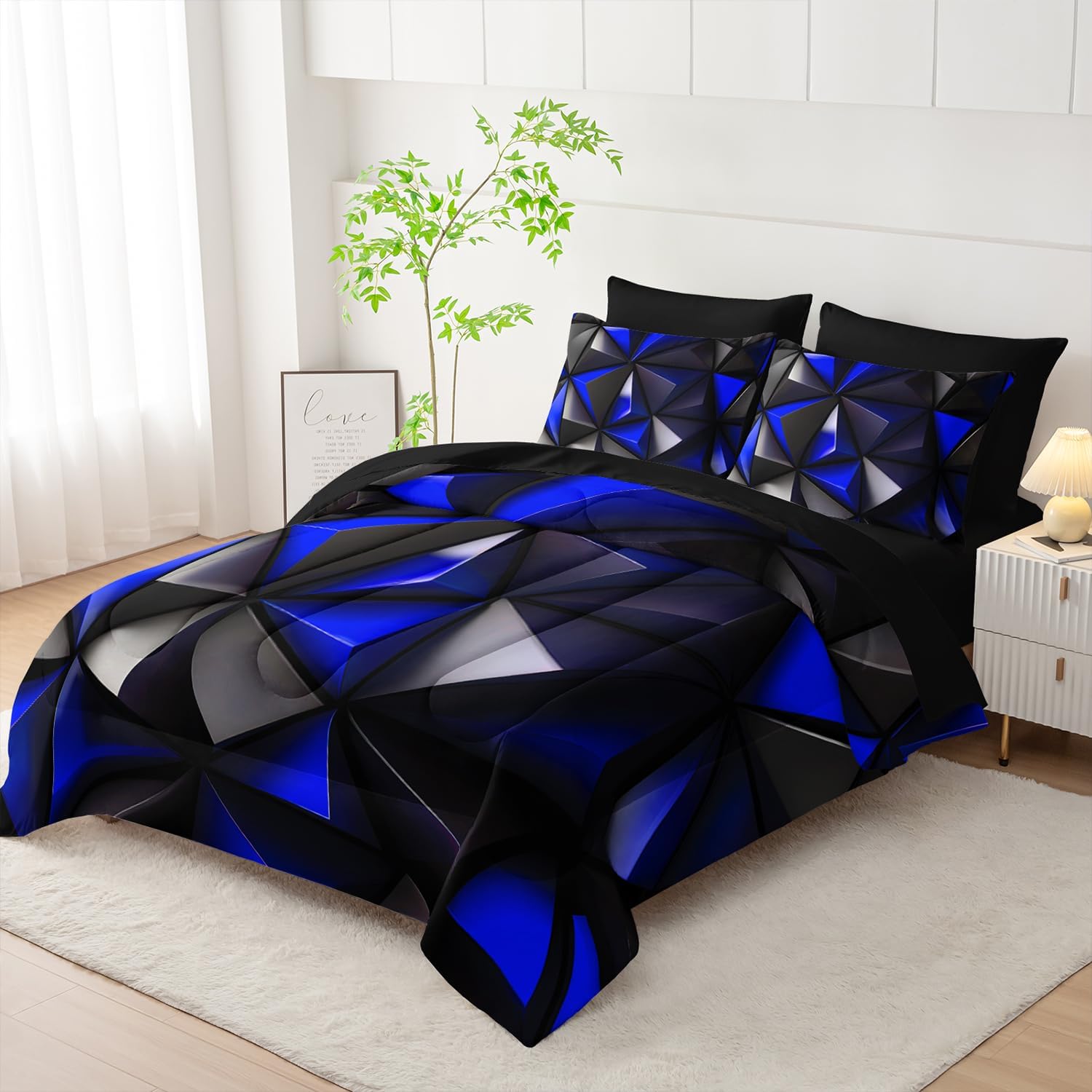 Geometric Queen Comforter Set,Blue Black Honeycomb Bedding Set 7 Piece with Comforter Fitted Sheet Flat Sheet Pillowcases,Bed Sets Geometry Decor,Microfiber Lightweight All Season.