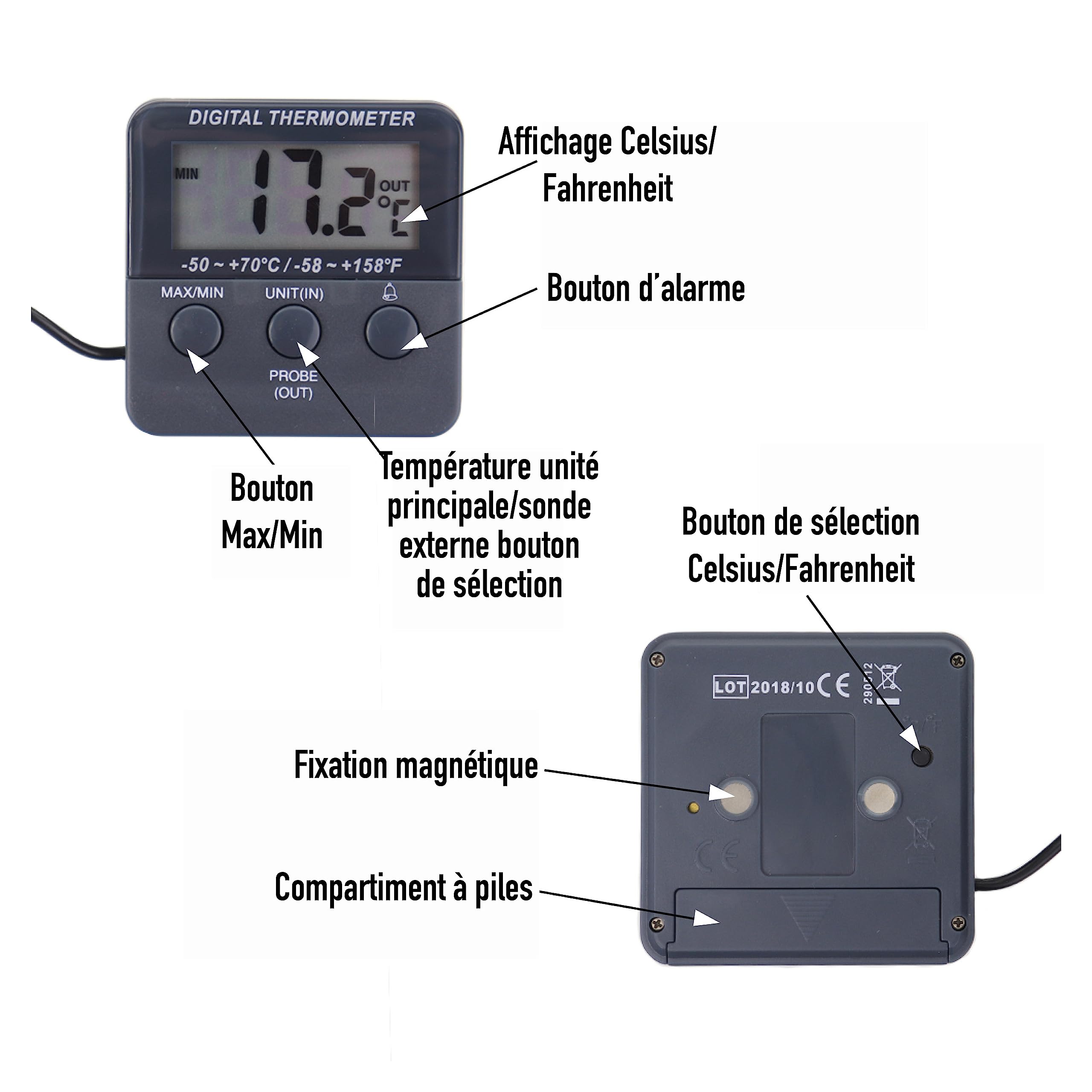 Thermomètre numérique calibré pour réfrigérateur/congélateur avec certificat d'étalonnage à 2 points traçable