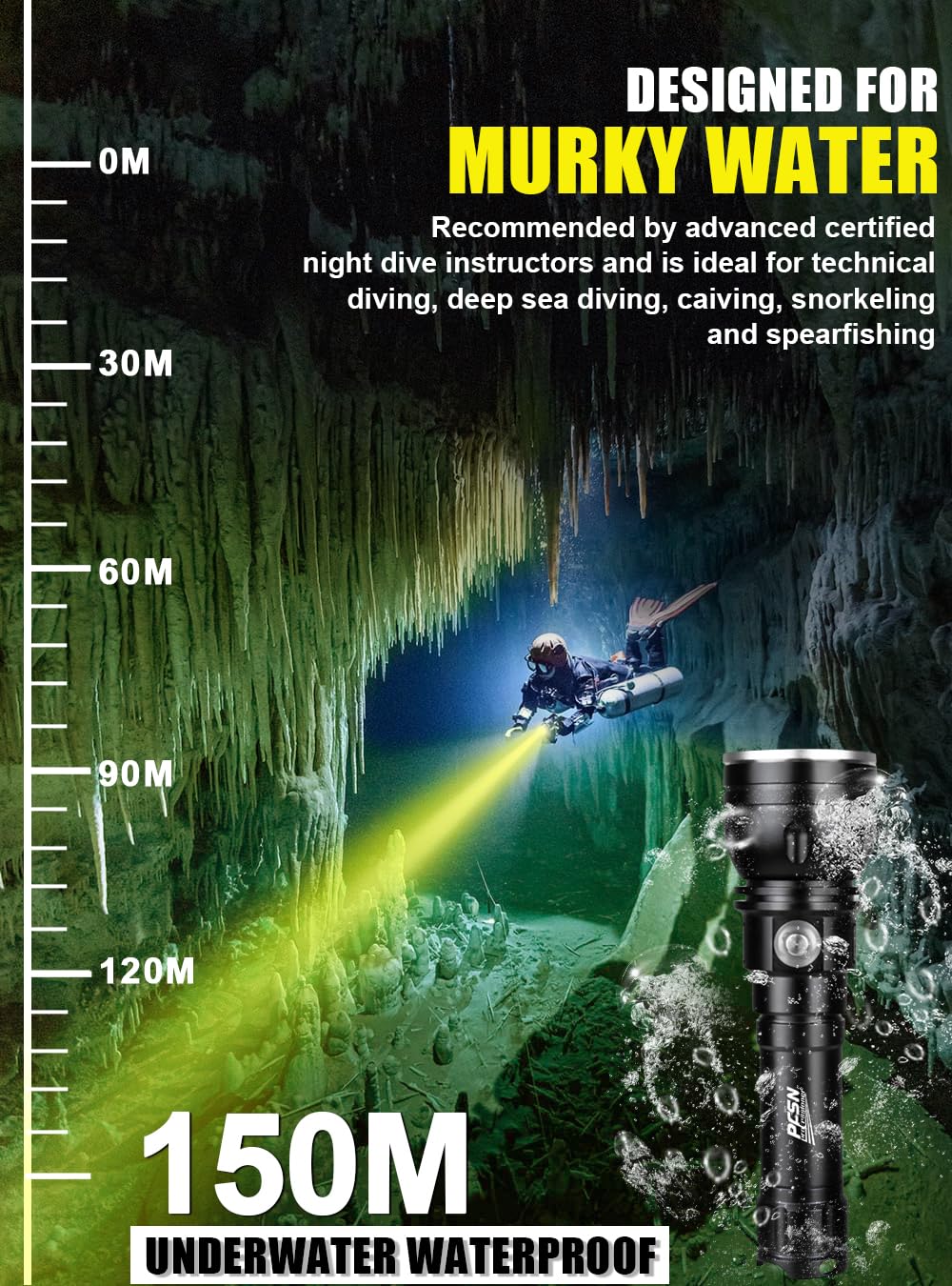 Dive Light Scuba Diving Flashlight - PFSN High Lumens Yellowish Light Dive Torch, 150M Waterproof, 400M Long Range Diving Light, Best Underwater Flashlight for Diving, Caving Spearfishing Hunting