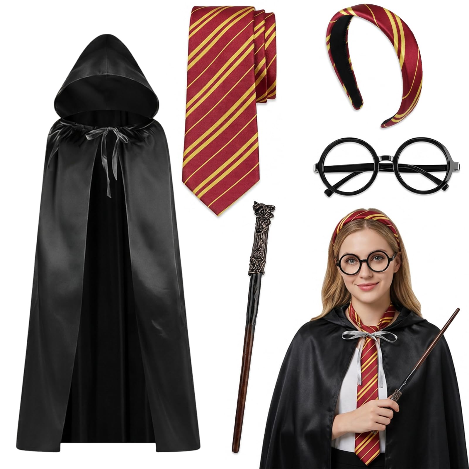 Wizard Costume, Halloween Costumes, 5 Piece Set Adult Wizard Outfit with Cape and Accessories, Halloween Costumes for Themed Party Cosplay Dress Up with Magic Wand, Glasses, Tie and Hairband