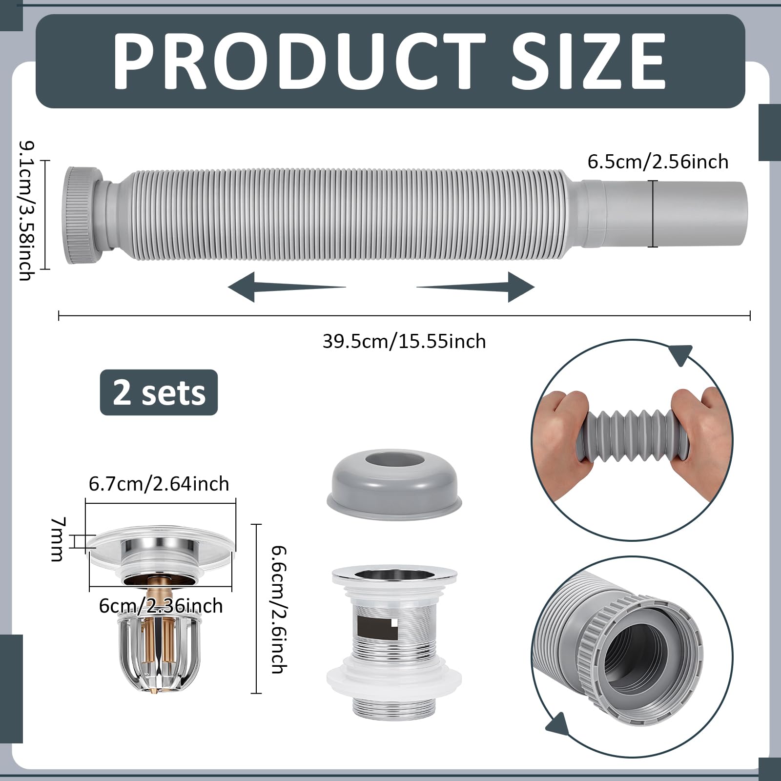 Confezione da 2 tappi per lavandino da bagno in acciaio inox con tubo flessibile per lavandino, adatto per 1-1/4 pollici e 1-1/2 pollici di scarico foro per lavandino installazione sanitaria