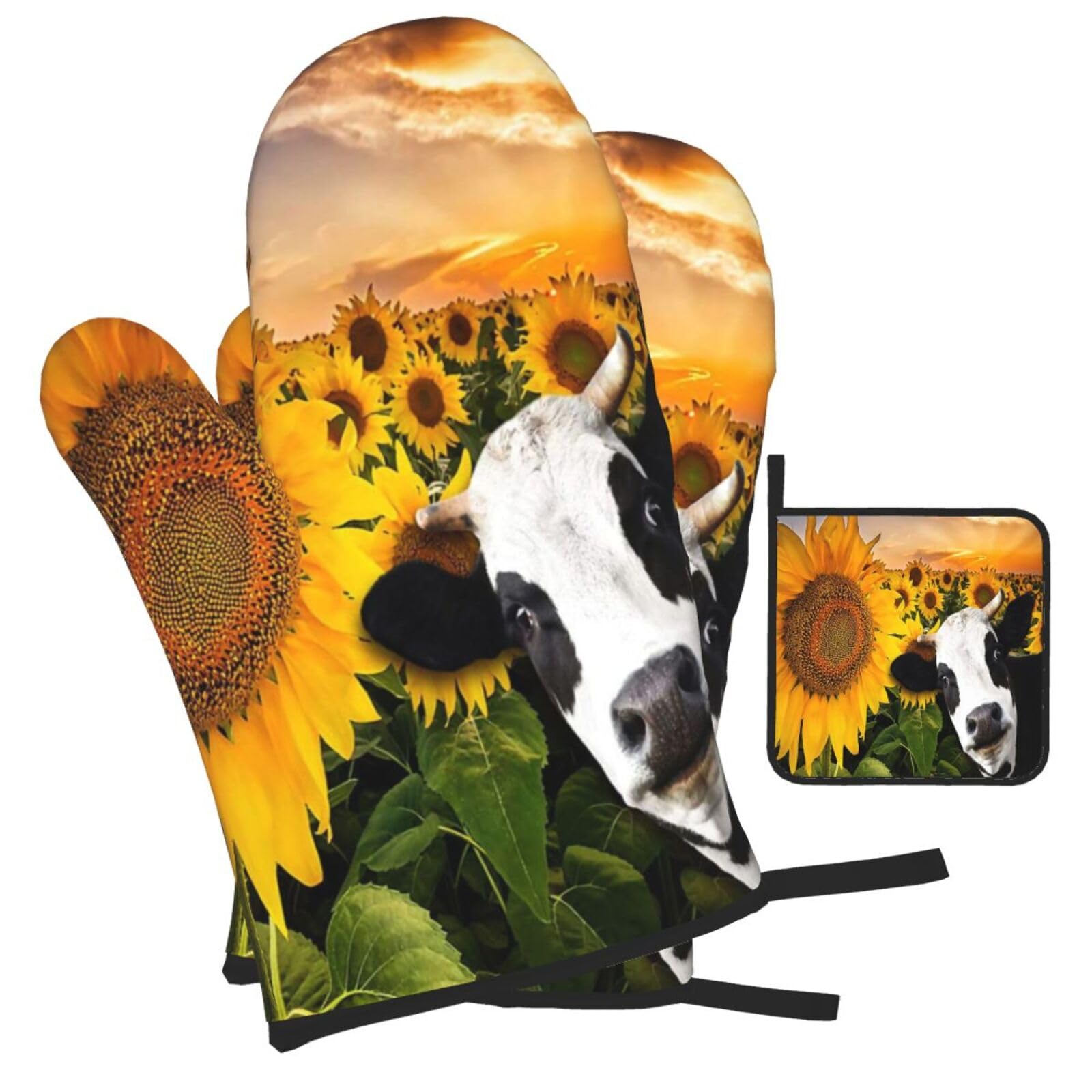 Sunflower and Cow Printed Oven Mitts and Pot Holders Heat Resistant Set of 3 Pcs, Modern Kitchen Gloves & Potholders for Cooking Baking Grilling