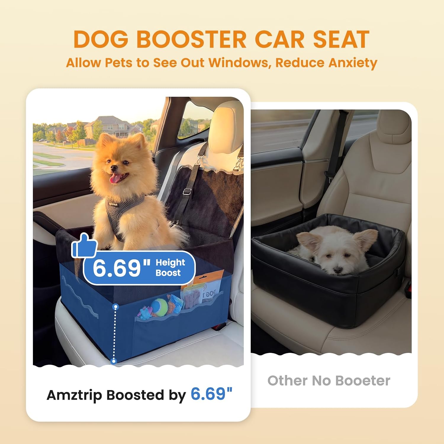 Dog Car Seat Boosters, 6.69" Elevated Car Safety Seat for Small/Medium Dogs up to 35lbs,Comfortable Soft Fabric Covered,Detachable Washable Pet Booster Seat with Safety Belt and Anti-Slip Base
