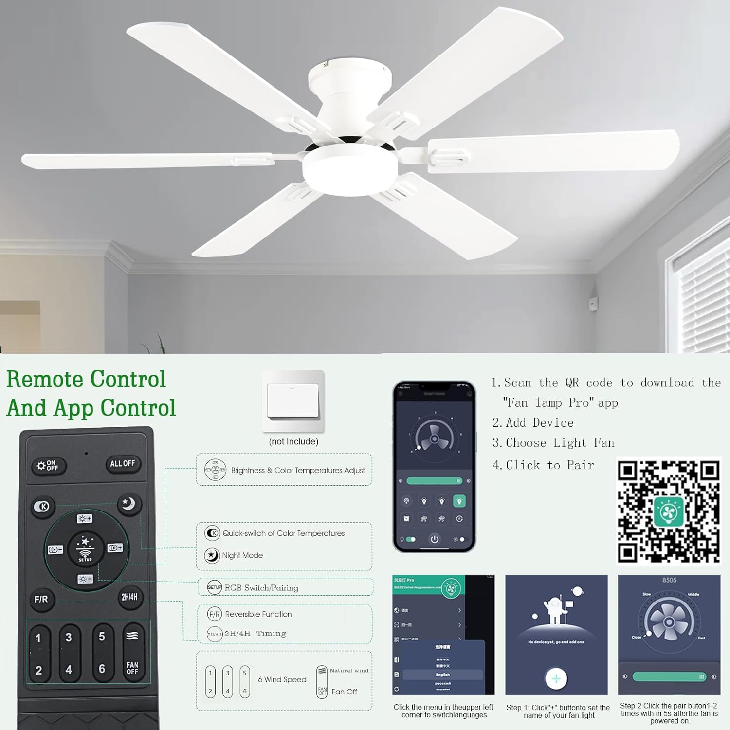 KNUN 56 inch Ceiling Fans with Lights, White Flush Mount Ceiling fan with Light and Remote/APP Control, 3CCT, RGB, Dimmable, Noiseless, Low Profile Ceiling Fan for Bedroom, Patio, Indoor/Outdoor Use