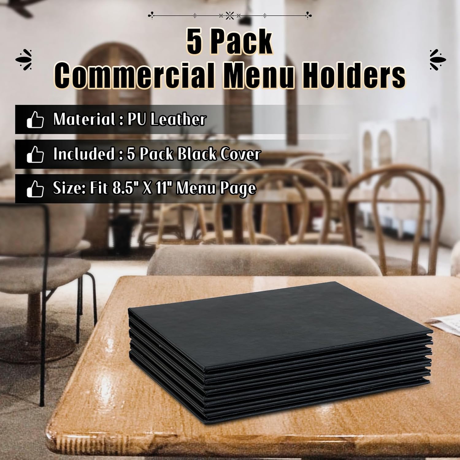 Menu Covers 8.5" x 11" – 5 Pack 2 View Black PU Leather Restaurant Menu Holders, Double Panel with Angled Corners for Food Menus, Wine Lists & Drink Specials & Cocktail, Perfect for Parties