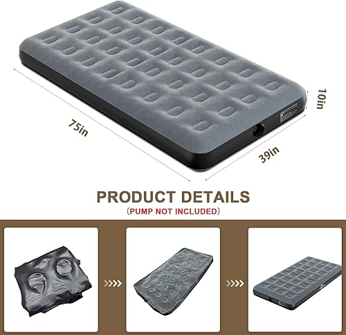 Miniatura 2 de Twin Air Mattress, JHUNSWEN 10" Raised Flocked Surface Camping Air Mattress with Carry Bag, Easy to Inflate Blow Up Bed, Portable Inflatable Air Bed
