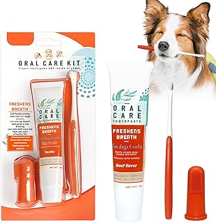 MEIEGOU Dental Care Dog Set, Dog Toothpaste Against Tartar, Toothbrush for Dogs and Cats, Dog Toothpaste Against Tartar, Dog Toothbrush and Finger Toothbrush, Removes Plaque and Bad Breath product image