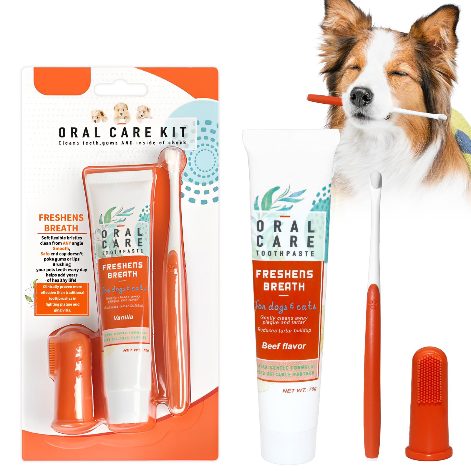 Zahnpflege Hund Set,Hundezahnpasta Gegen Zahnstein,Zahnbürste für Hunde und Katzen,Hundezahnpasta Gegen Zahnstein,Hundezahnbürste und Fingerzahnbürste,Entfernt Plaque und Mundgeruch