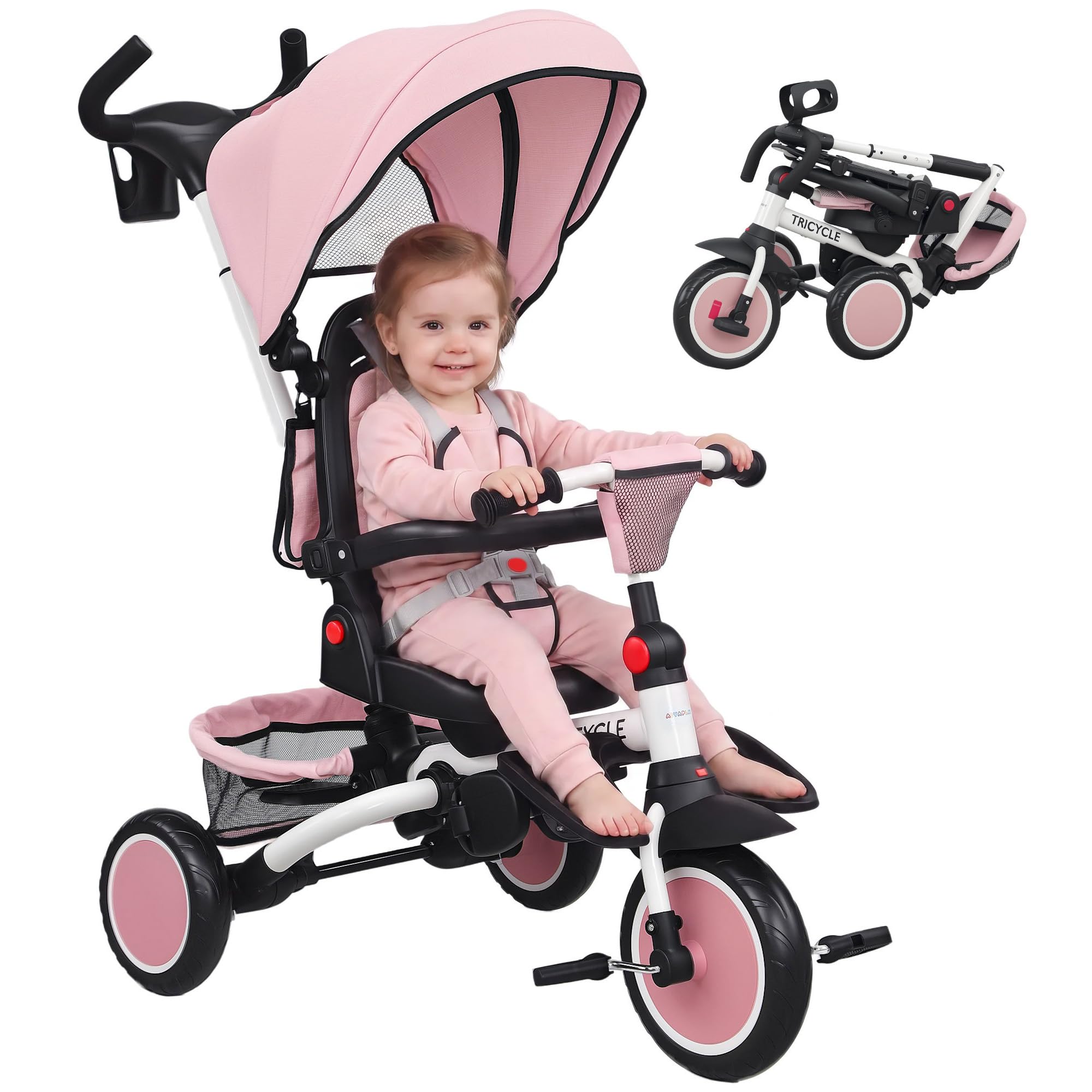 AIYAPLAY 6 in 1 Triciclo Passeggino Bici per Bambini 1-5 Anni 25Kg Rosa