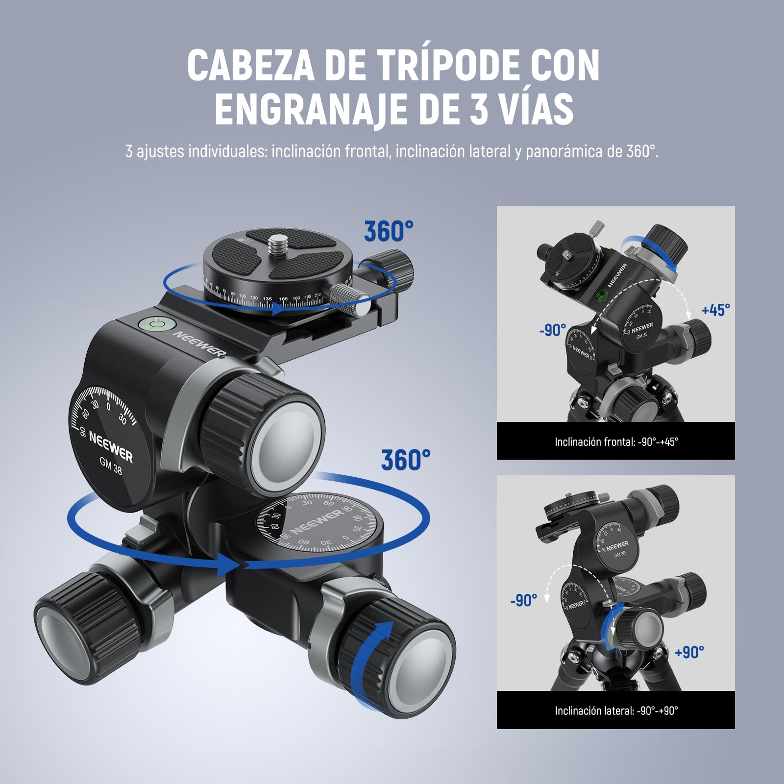 NEEWER Cabezal de trípode con Engranaje de 3 vías con Placa Arca QR panorámica de 360°, microajuste milimétrico, Cabezal de inclinación panorámica de 3 Ejes de aleación de Aluminio con Interruptor