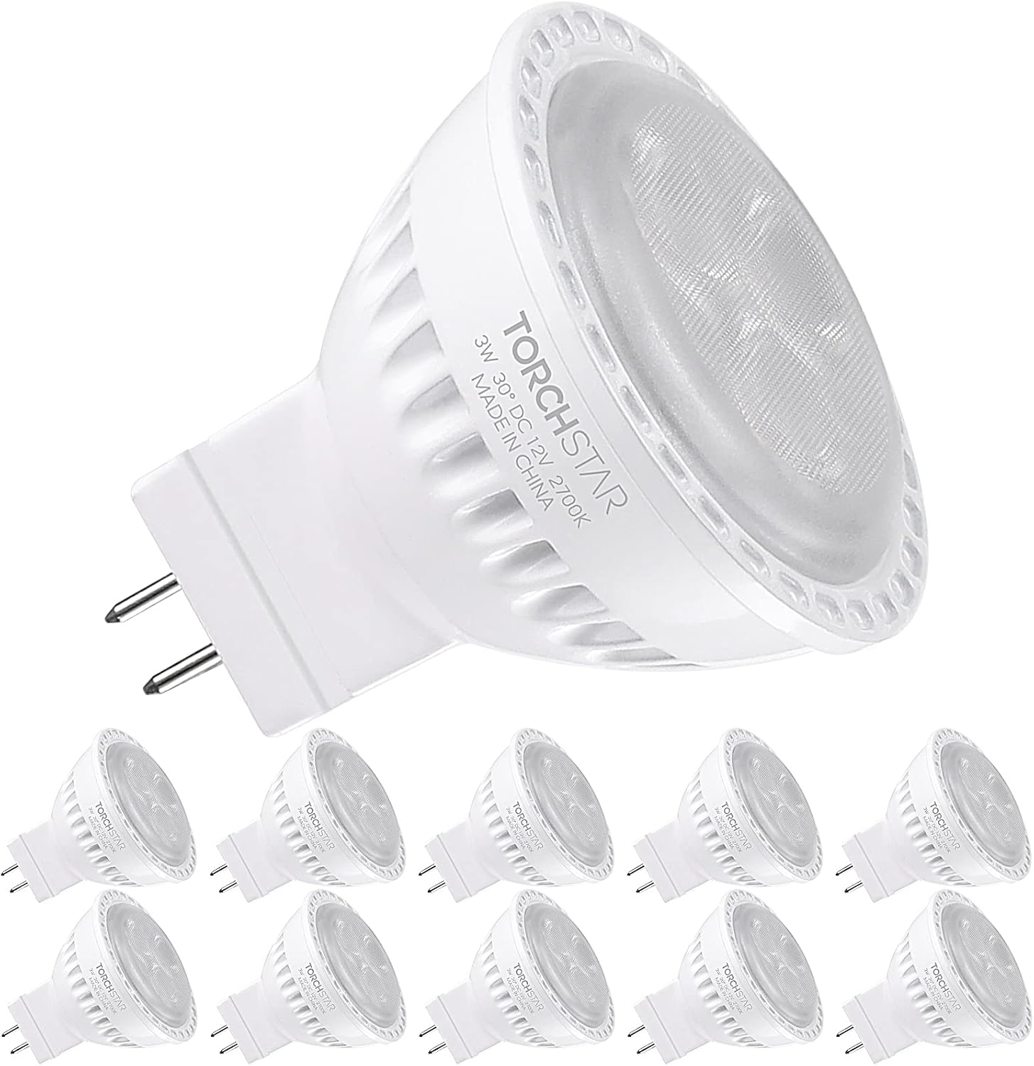 TORCHSTAR 10-Pack MR11 LED Light Bulbs, 3W 2700K Soft White Spotlight Bulb, 25W Equivalent, AC/DC 12V, GU4 Base, Track Lighting, Recessed Light, Landscape Lights, Accent Spotlights