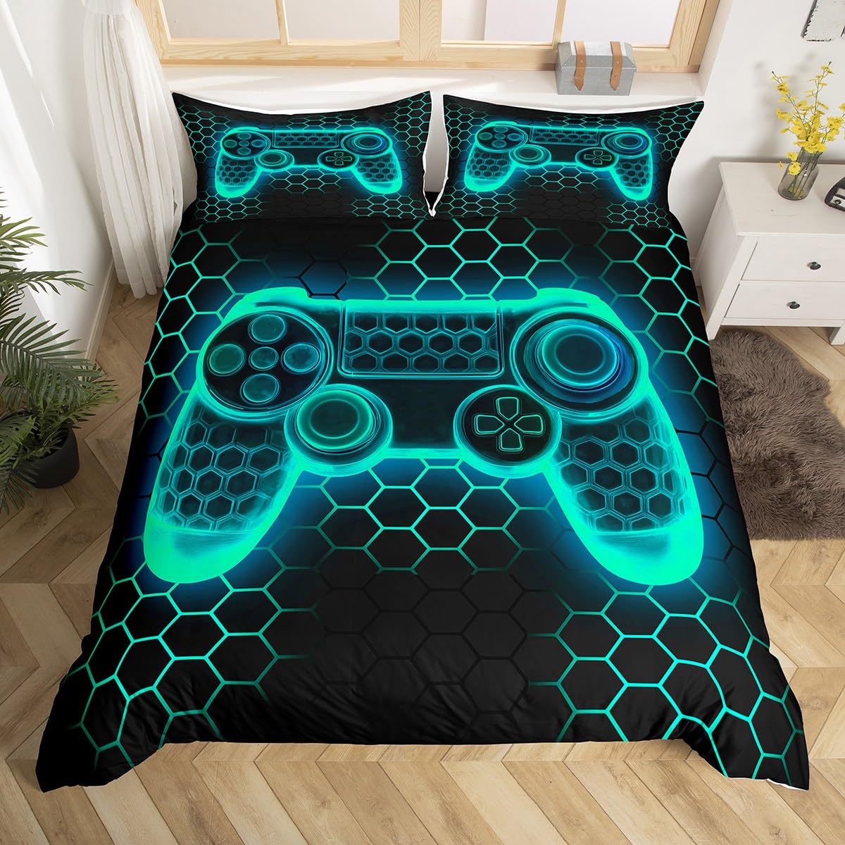 Loussiesd Kids Gamer Honeycomb Duvet Cover Set Single Size For Boys Girls Teens Gaming Hexagonal Bedding Set Cyan Neon Gamepad Comforter Cover with 1 Pillowcase Geometric Game Room Decor Beds Set