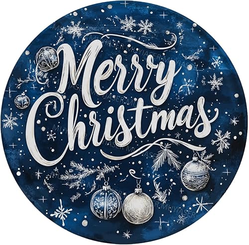 Letrero redondo de hojalata con texto en inglés "Merry Christmas", adorno azul y plateado, letrero retro de aluminio para cocina, jardín, patio,