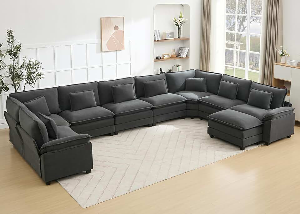 Oversized Modular Sectional Sofa Set, Convertible Deep Seat Cloud Couch with Ottoman, Large U Shaped Corner Couch with Throw Pillows for Living Room (Blue Grey, 9 Seater)