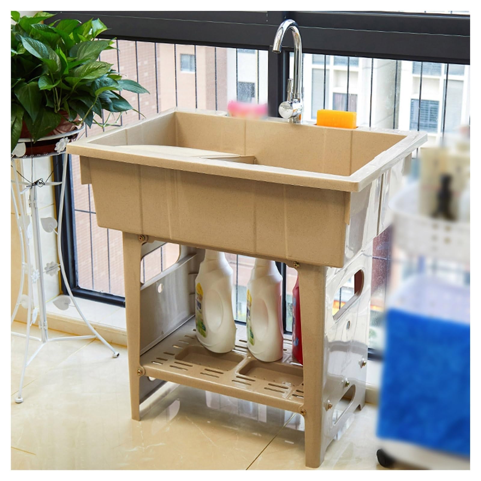 HYSOPSPX Freestanding Plastic Laundry Sink with Washboard, Utility Tub for Washing Room, Portable Hand Wash Station Hose Hook Up, Outdoor Backyard and Garden