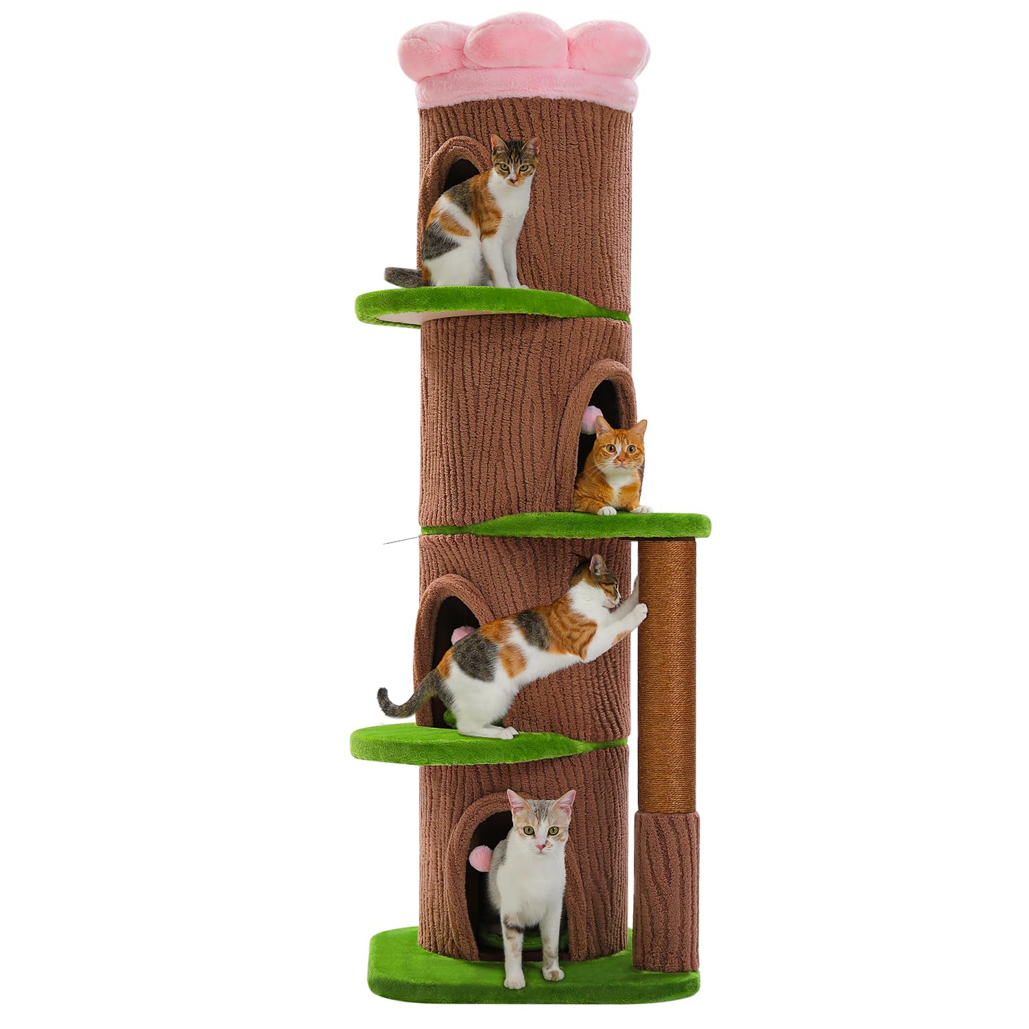 PAWZ Road 174cm Large Cat Tree with 4 Condos and Thick Scratching Post (φ3.8in), 68.5" Tall Forest Cat Tower with Flower Top Bed, Heavy Duty Cat Tree Tower for Indoor & Multi-Cat Households, Brown
