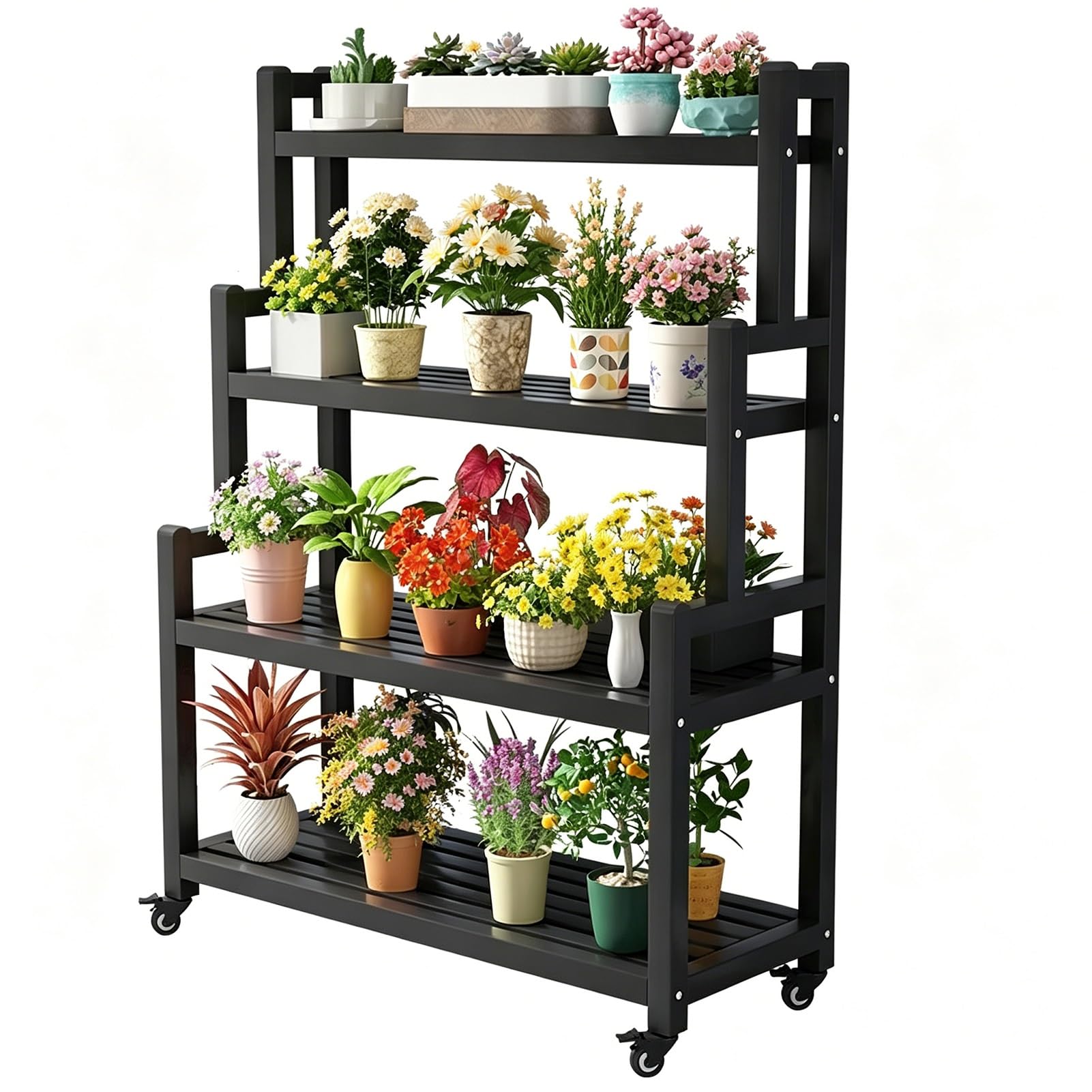 DMCHENGMA 145cm Tall 4-Tiered Plant Stand, Wrought Iron Decorative Flower Shelf with Wheels and Brakes Black Iron Ladder Shape Flower Pot Holder Display Rack(120x40x145cm)