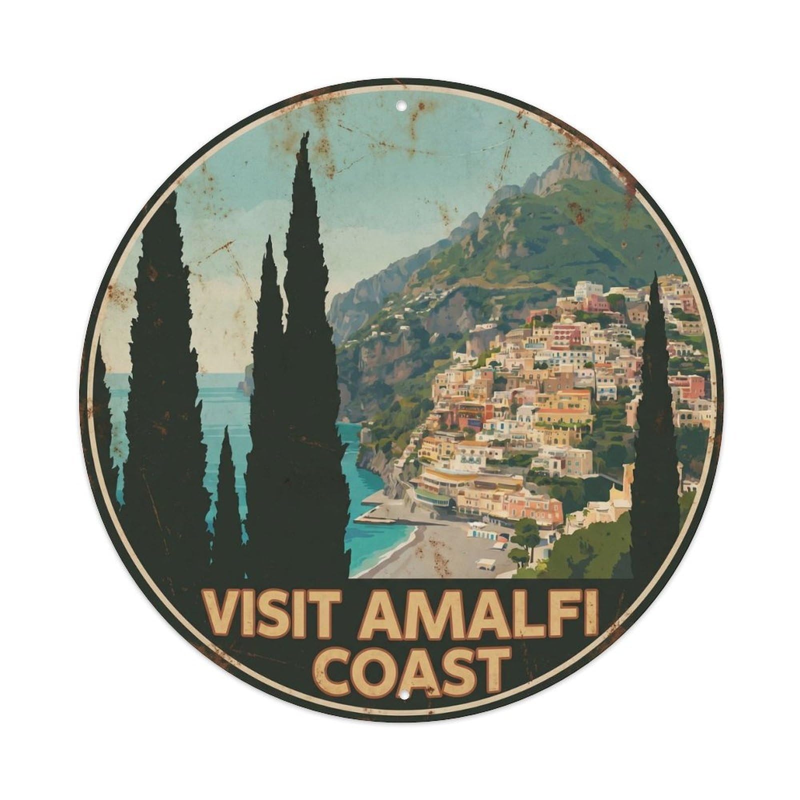 Mediterranean Amalfi Cypress Tree Vintage Destination Metal Tin Sign Plaque Wall Decor for Cafe, Man Cave, Club Bar, Office, Home Garden Round Metal Poster 8x8Inch