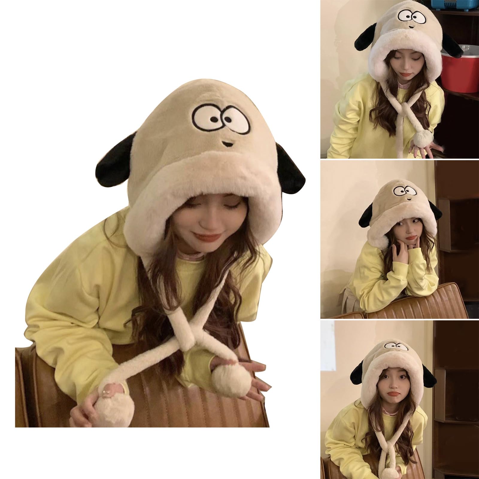 Furry Thickened Plush Dog Ear Muff Hat for Skiing Hiking Lady Windproof Ushanka for Cold Weather Gray