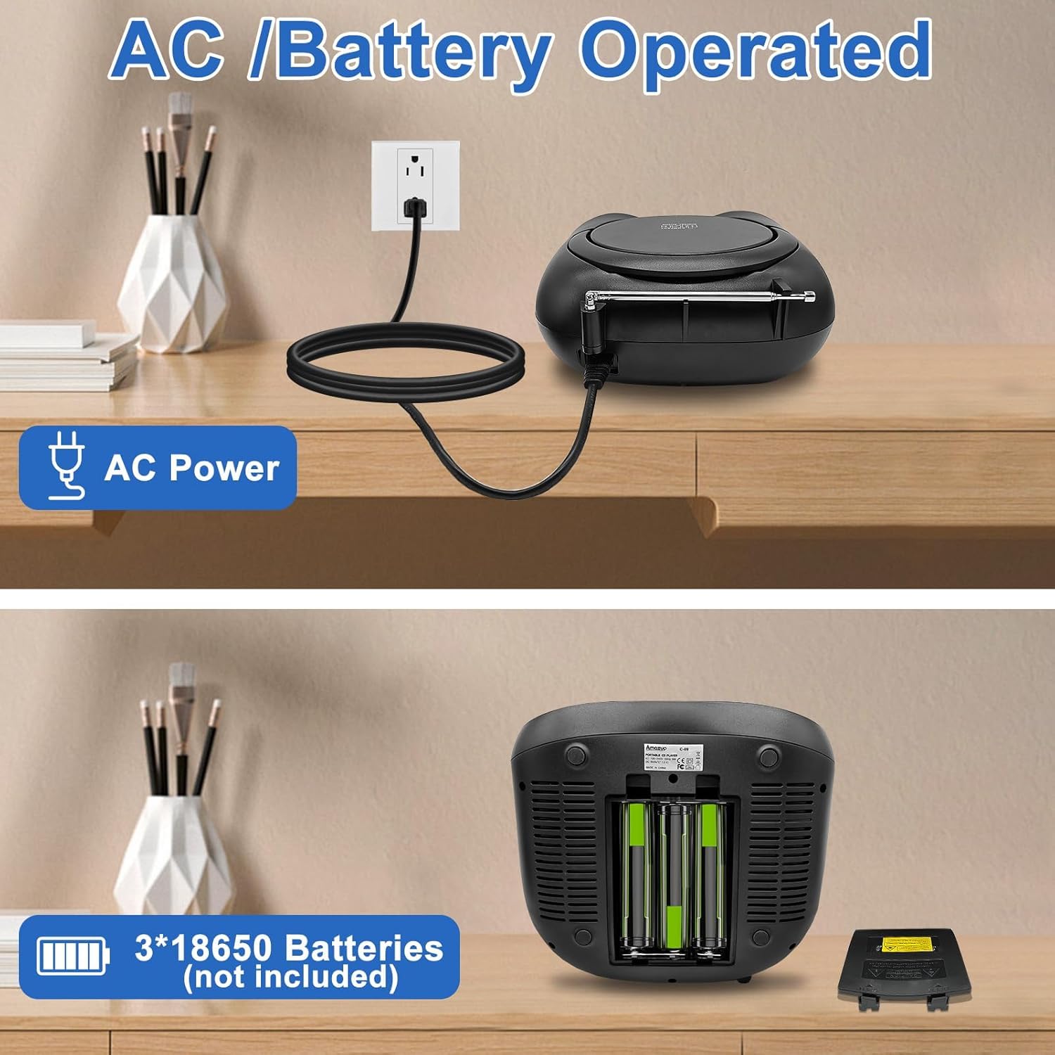 Tragbarer CD-Player Boombox mit FM-Radio, Bluetooth-Lautsprecher, AC/Batteriebetrieben, unterstützt CD/CD-R/RW/USB/BT/AUX, LCD-Display, Kopfhöreranschluss, Geschenke für Eltern (Schwarz)