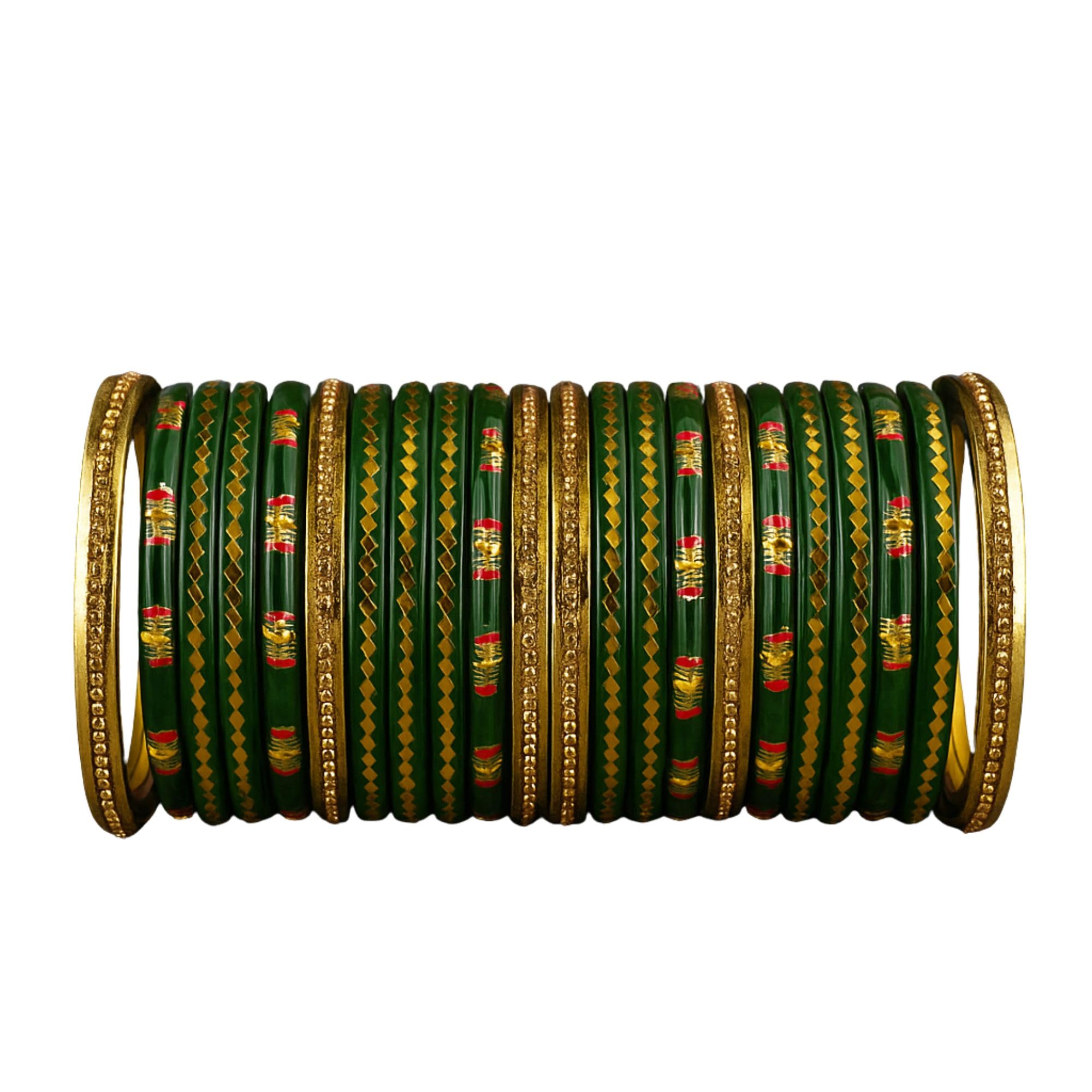 Traditional Green Muzafferpuri Lakh Bangles Set for Women | Bridal & Festive Kada Chura with Golden Detailing | Ethnic Indian Wedding Glass Look Bangles 12 Pcs-image-41