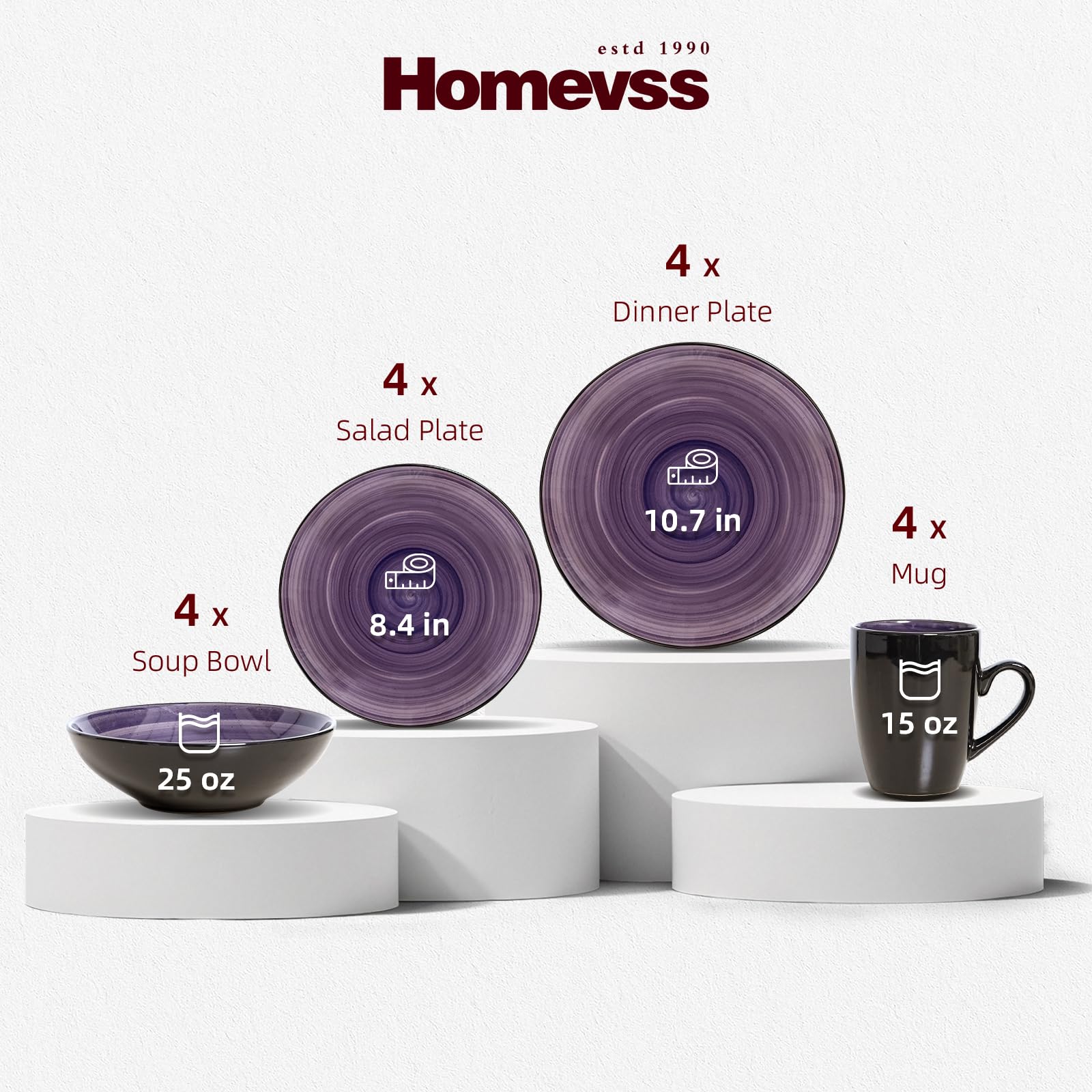 HomeVss Sonoma Geschirr-Set, 16-teilig, für 4 schwarze und gesprenkelte violette Teller und Schüsseln, mikrowellen- und spülmaschinenfest, Spinwash Purple
