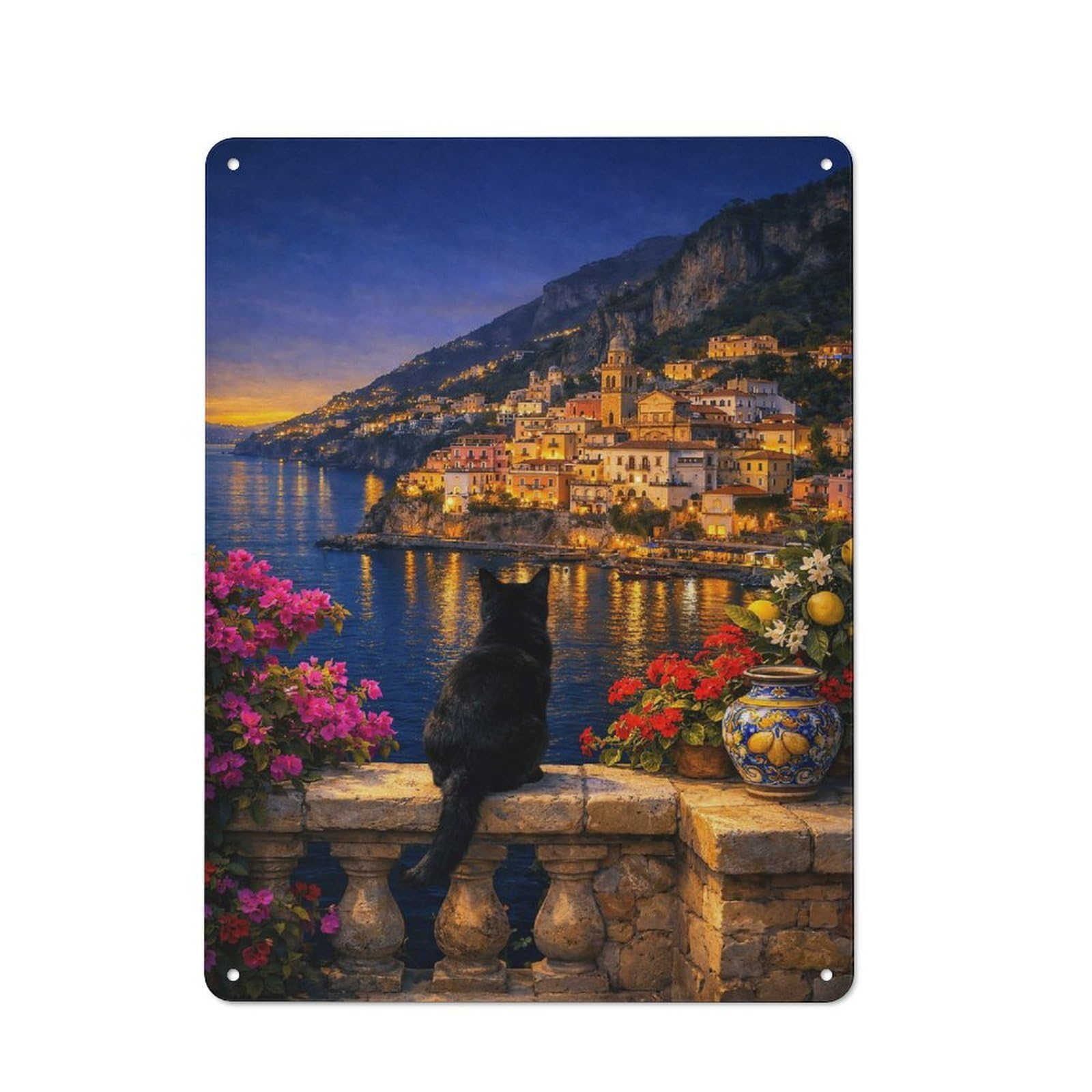 Junmoney Style-9 Tin Wall Plaque 40X30cm With Black Cat Overlooking Amalfi Coastal Town For Guest Room Or Hallway, For Updating Guest Room And Hallway After Moving