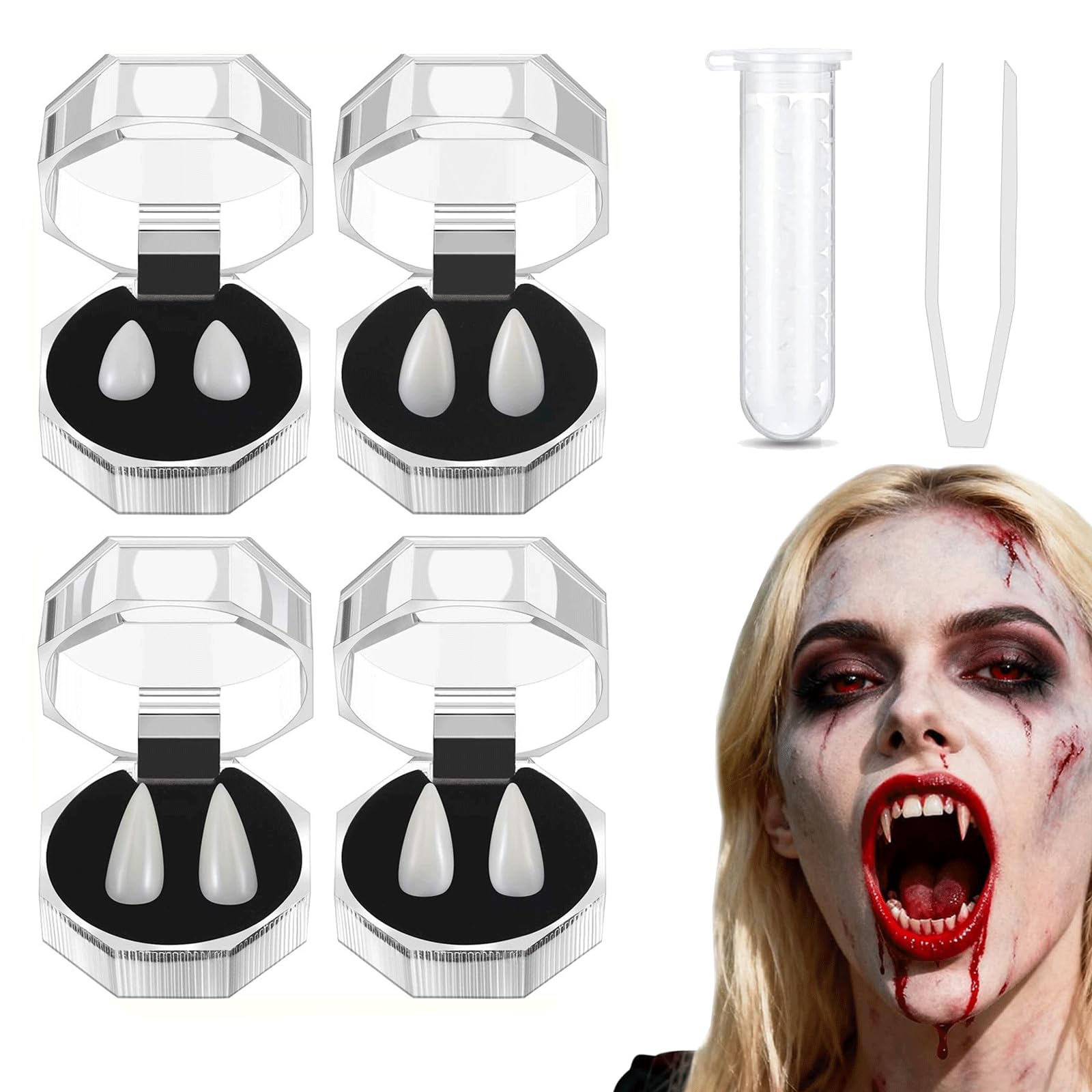 Halloween Vampire Teeth, 4 Pair Vampire Teeth Fangs with Adhesive, 4 Size Fake Teeth Set for Halloween Costumes Cosplay Props, Scary Vampire Teeth for Adults Teens (13/15/17/19mm)