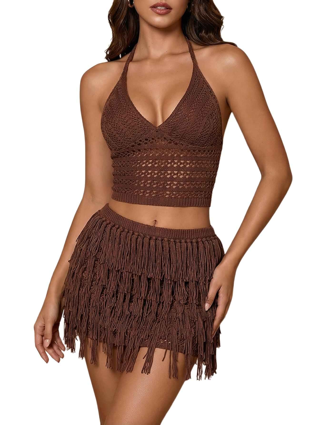 Milumia Women's 2 Piece Outfits Crochet Halter Crop Top Fringe Mini Skirt Sets Vacation Outfits