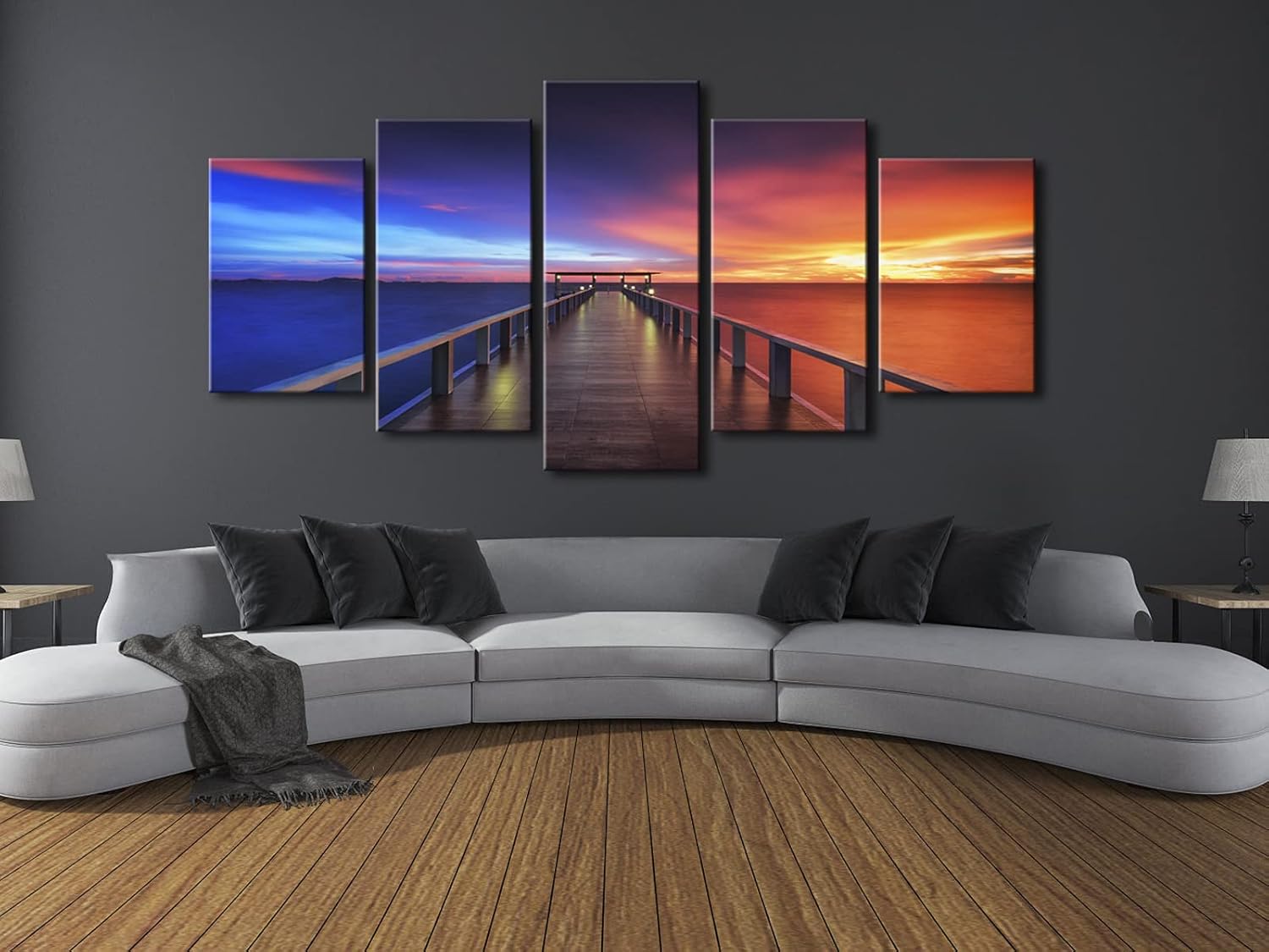 Pyradecor Sunset Bridge Extra Large 5 Piece Modern Seascape Artwork Canvas Prints Stretched Landscape Sea Beach Pictures Paintings on Canvas Wall Art for Home Decorations XL - Image 3
