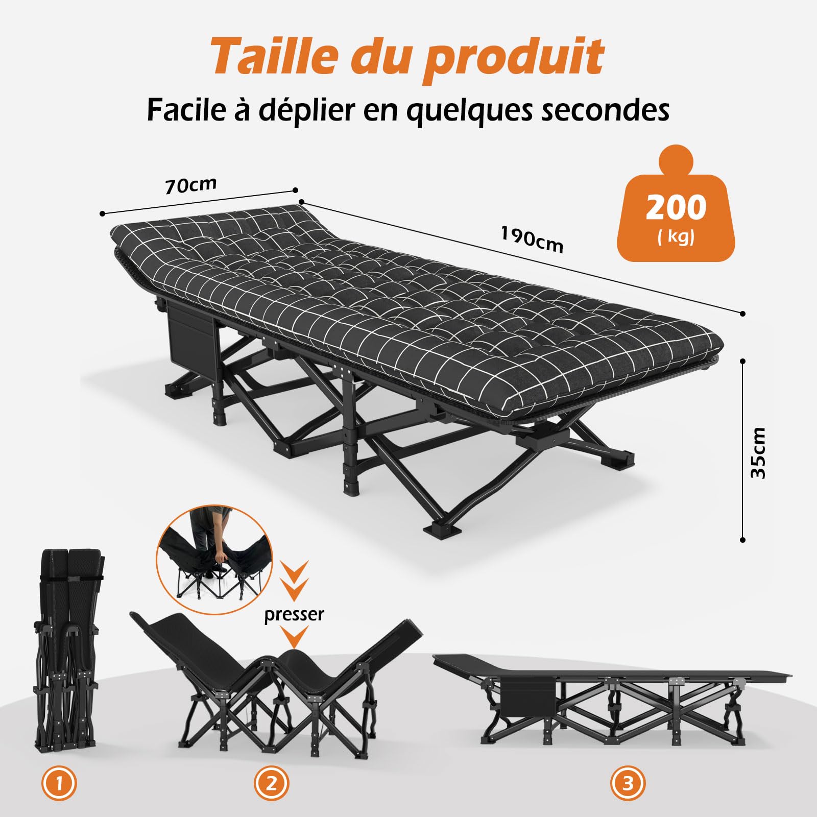 ATORPOK SHOP Lit de Camping Pliable Robuste pour Adultes，lit de Couchage Confortable avec capacité de 200 kg pour Voyage/Bureau/extérieur (Noir)