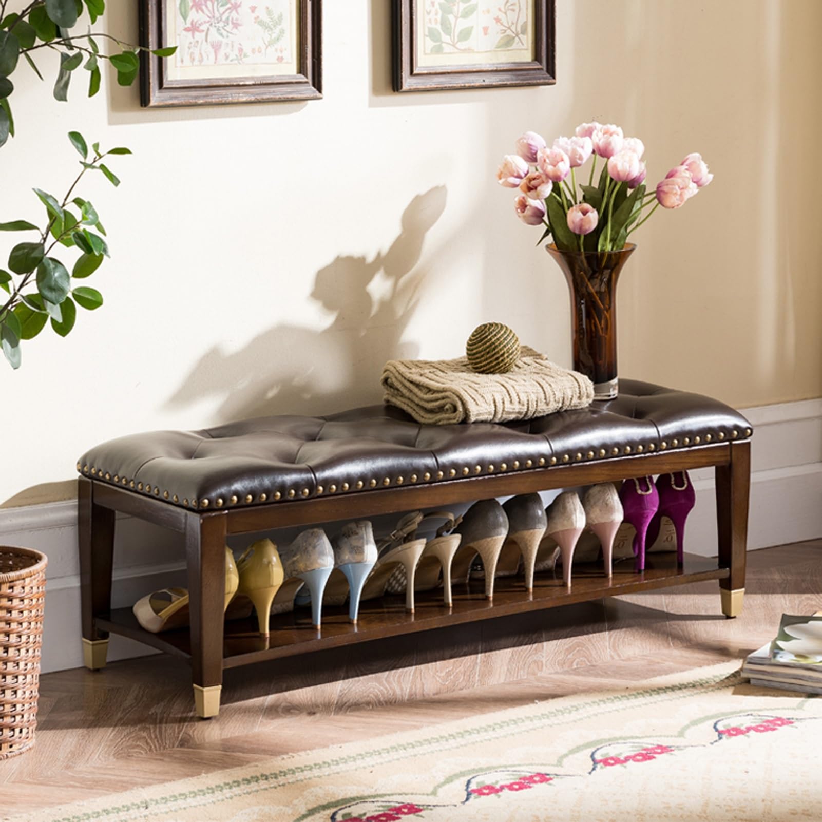 MSHGSKU 2Tier Solid Wood Shoe Bench Rack Stylish Shoe Storage Organizer for Entryway Hallway Balcony Living RoomBrown (60x35x33cm) & SpaceSaving Solution