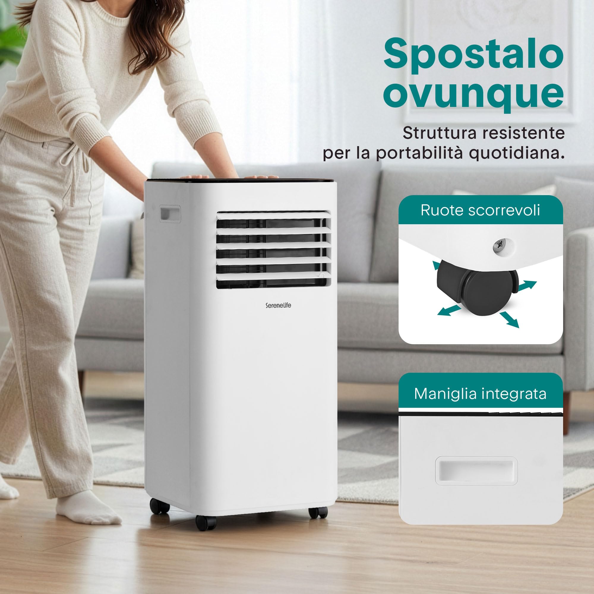 SereneLife przenośna klimatyzacja i ogrzewanie – mobilny klimatyzator 9000 BTU z zestawem okiennym, cicha praca, 3 tryby, 12-godzinny timer, funkcja Wi-Fi, do domu i biura