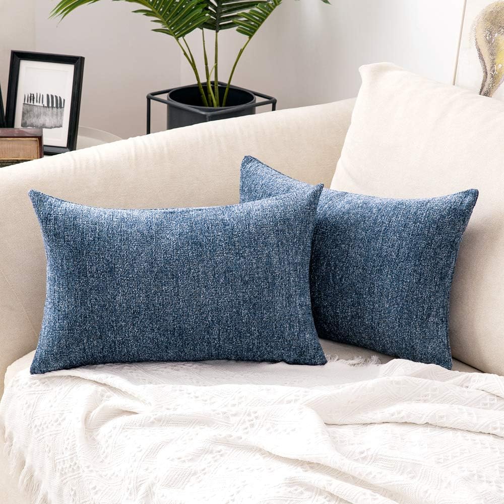 MIULEE Set of 2 Decorative Accent Throw Pillow Covers Chenille Soft Cushion Covers Cases Modern Rectangle Pillowcases for Couch Sofa Bed 12x20 Inch Blue