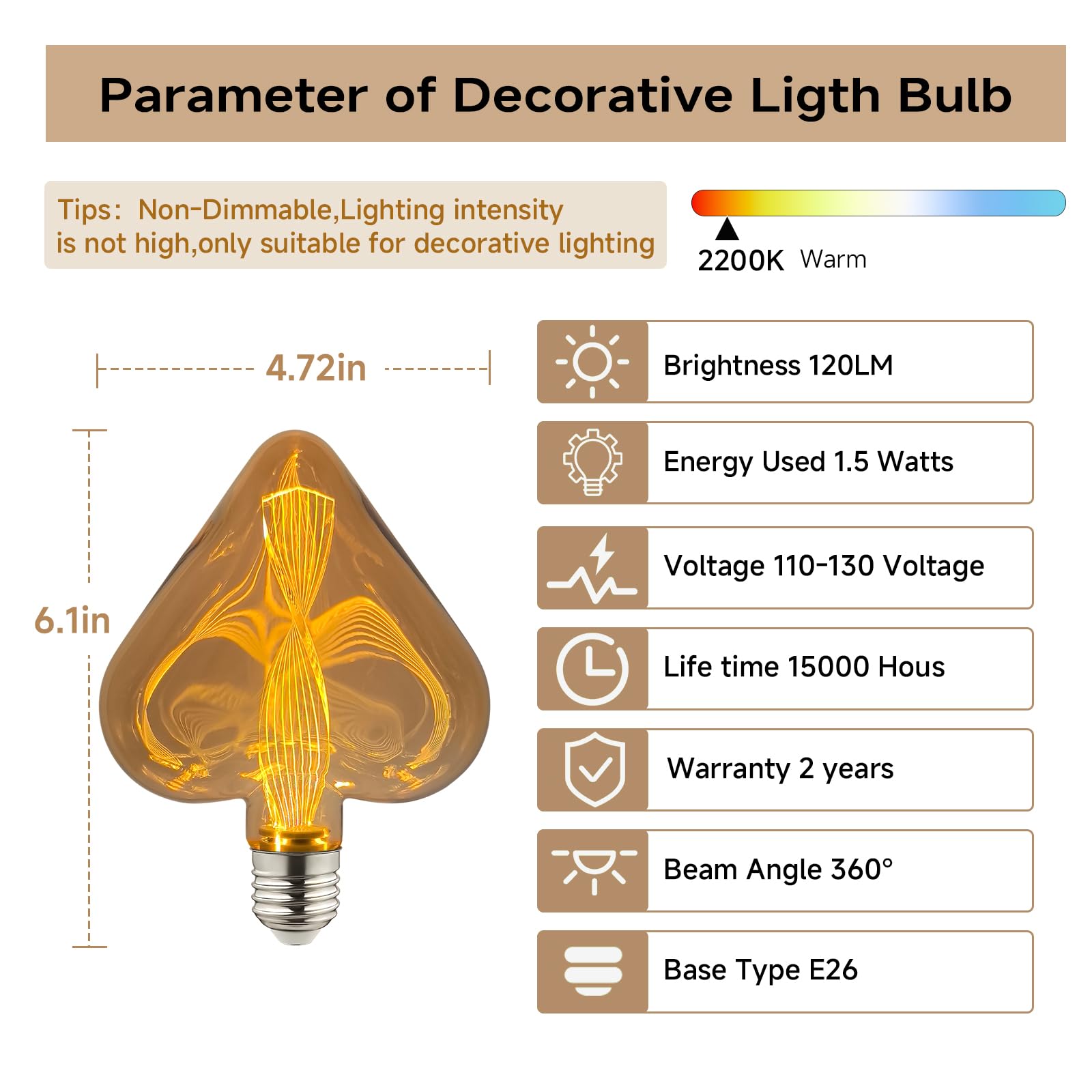 XIAOKALAMI Heart-Shaped LED Decorative Light Bulb, E26 Base, 2200K Warm White, 1.5W 120 Lumens, Amber Glass, Non-Dimmable, Unique Spiral Filament, For Lamps, Chandeliers, And Gifts