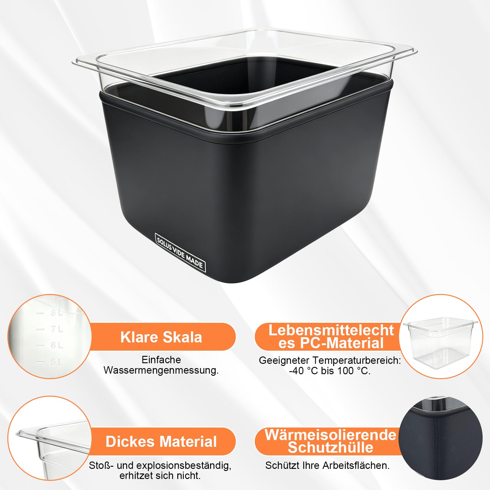 Sous Vide Behälter 12L, Sous Vide Container Deckel, Thermohülle und Rack für Meisten Sous Vide Garer, Multifunktionaler Transparenter Behälter (Frei von BPA) Geeignet für Fisch Fleisch und Gemüse