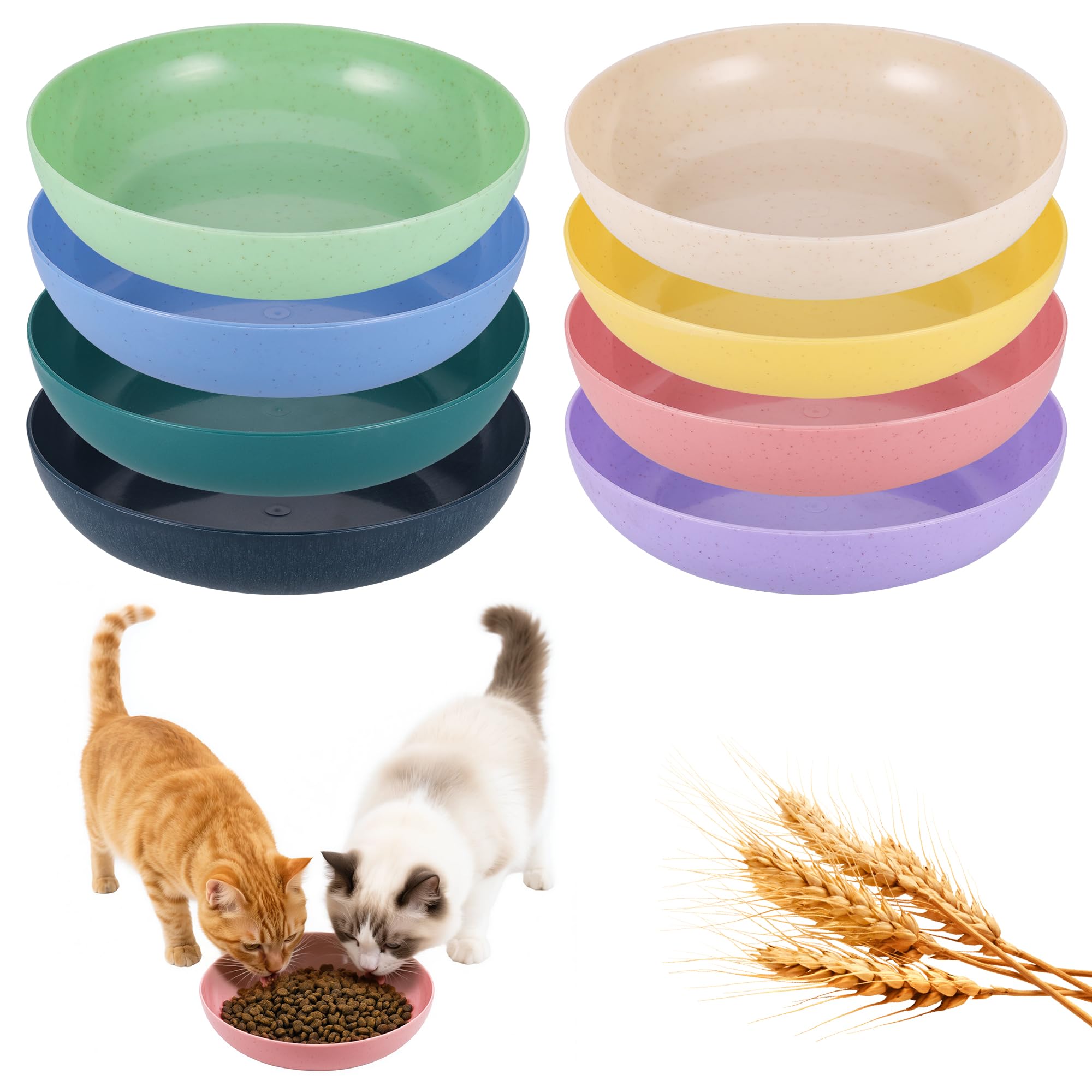 TranRantic 8 Pcs Cat Bowls Whisker Friendly, Durable Wide Shallow Cat Food and Water Bowl, Wheat Straw Pet Bowls for Kittens and Short Legged Cats(8 Colours)