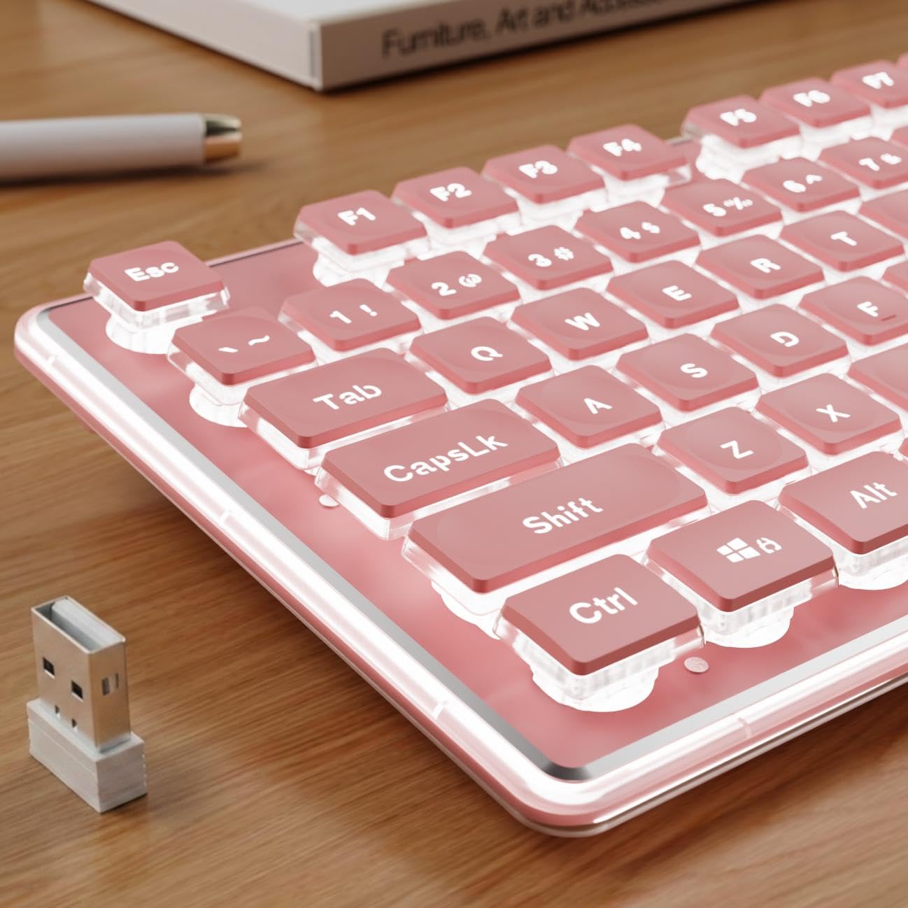Photo 1 of SEUNKWANG EWEADN X7S Wireless Keyboard with White Backlit, Metal Panel, 2.4G Rechargeable Computer Keyboard Silent Light up Full Size Cute Keyboards for Win & MAC - Pink