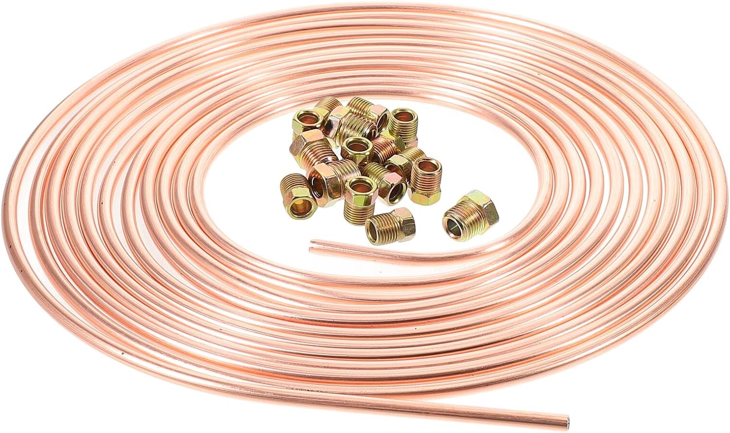 Copper-coated Brake Line Tubing Kit 1/4 Inch X 7.62m with 15 Inverted Flare Fittings Universal Brake Hydraulic Line Replacement for Automotive
