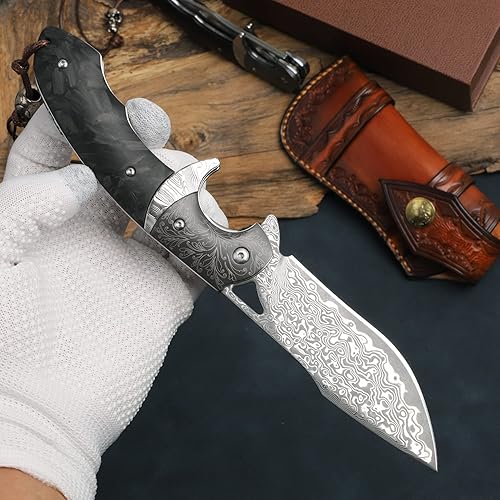 Miniatura 8 de Cuchillo plegable de acero de damasco hecho a mano con estuche de cuero, hoja de núcleo de acero VG10 de 3.8 pulgadas, rodamientos de bolas de acero