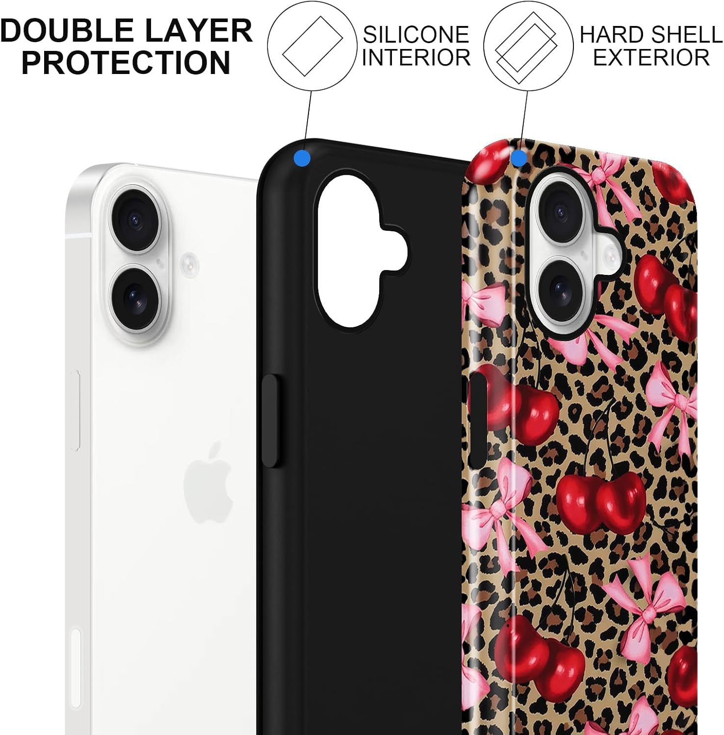 Case Compatible with for iPhone 16 6.1'', Cute Cherry Pink Bow Vintage Leopard Pattern Phone Case, Aesthetic Scratch Resistant Cover Shockproof 2 in 1 Silicone + Hard PC Design for Girls Women Men image 2
