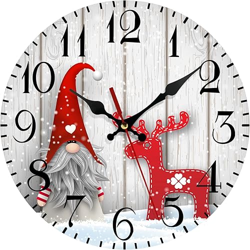 Emvency Reloj de pared de madera de granja, funciona con pilas, silencioso, sin tictac, gnomos de Navidad y alce, relojes de pared decorativos para